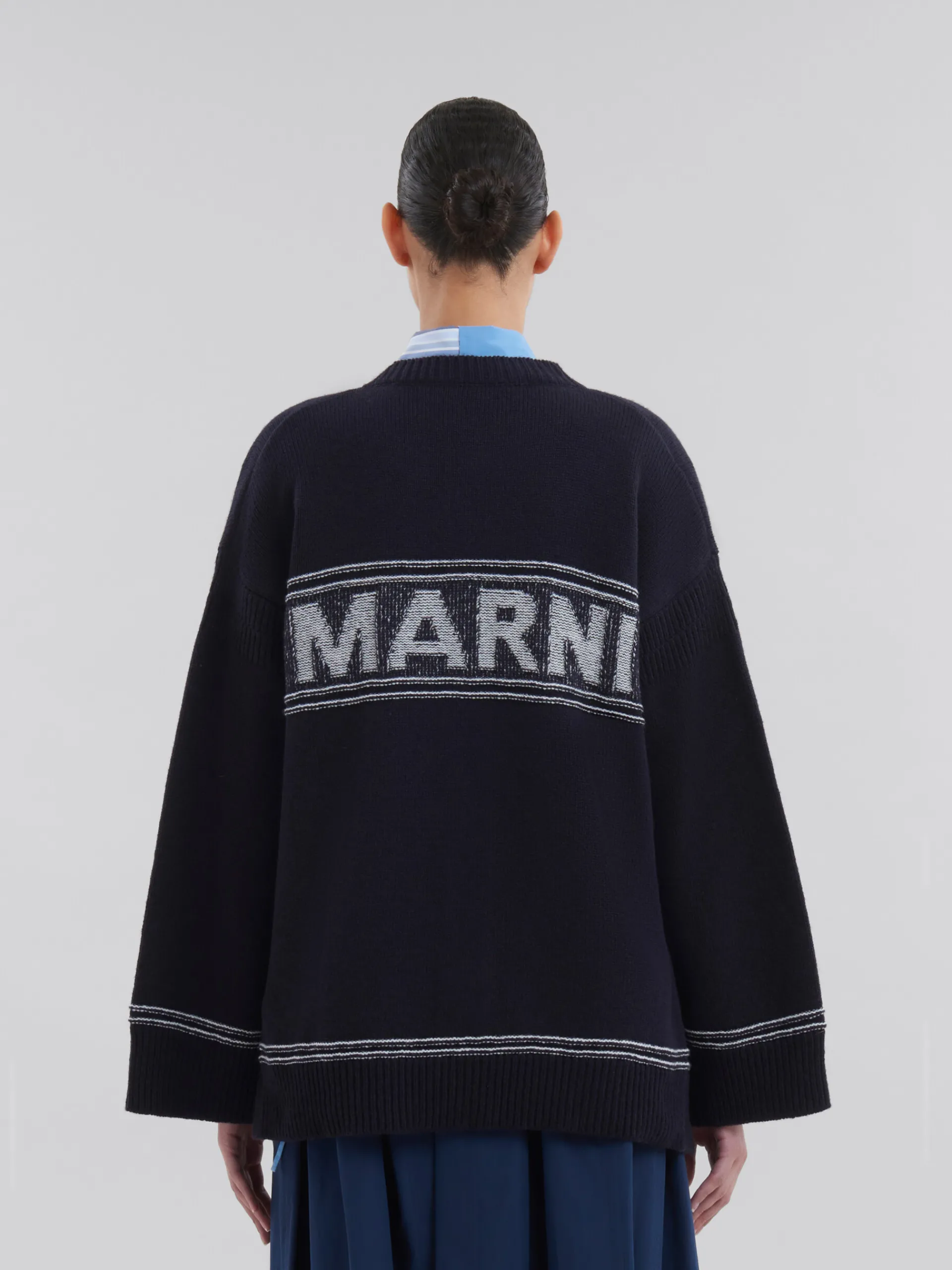 Knitwear>Marni Navy Wool Cardigan With Maxi Logo LIGHTNAVY