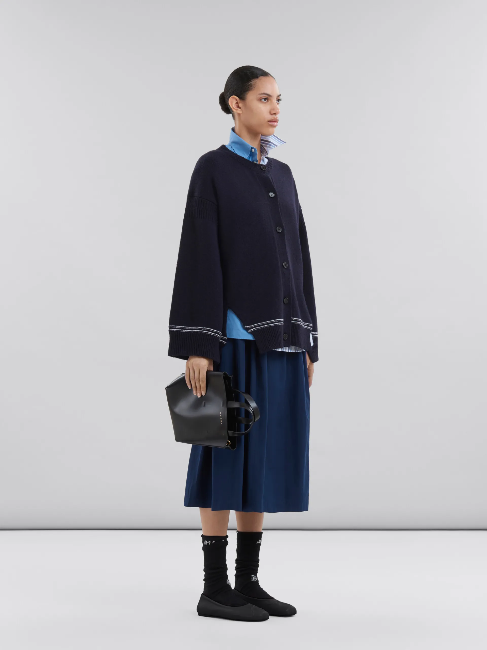Knitwear>Marni Navy Wool Cardigan With Maxi Logo LIGHTNAVY