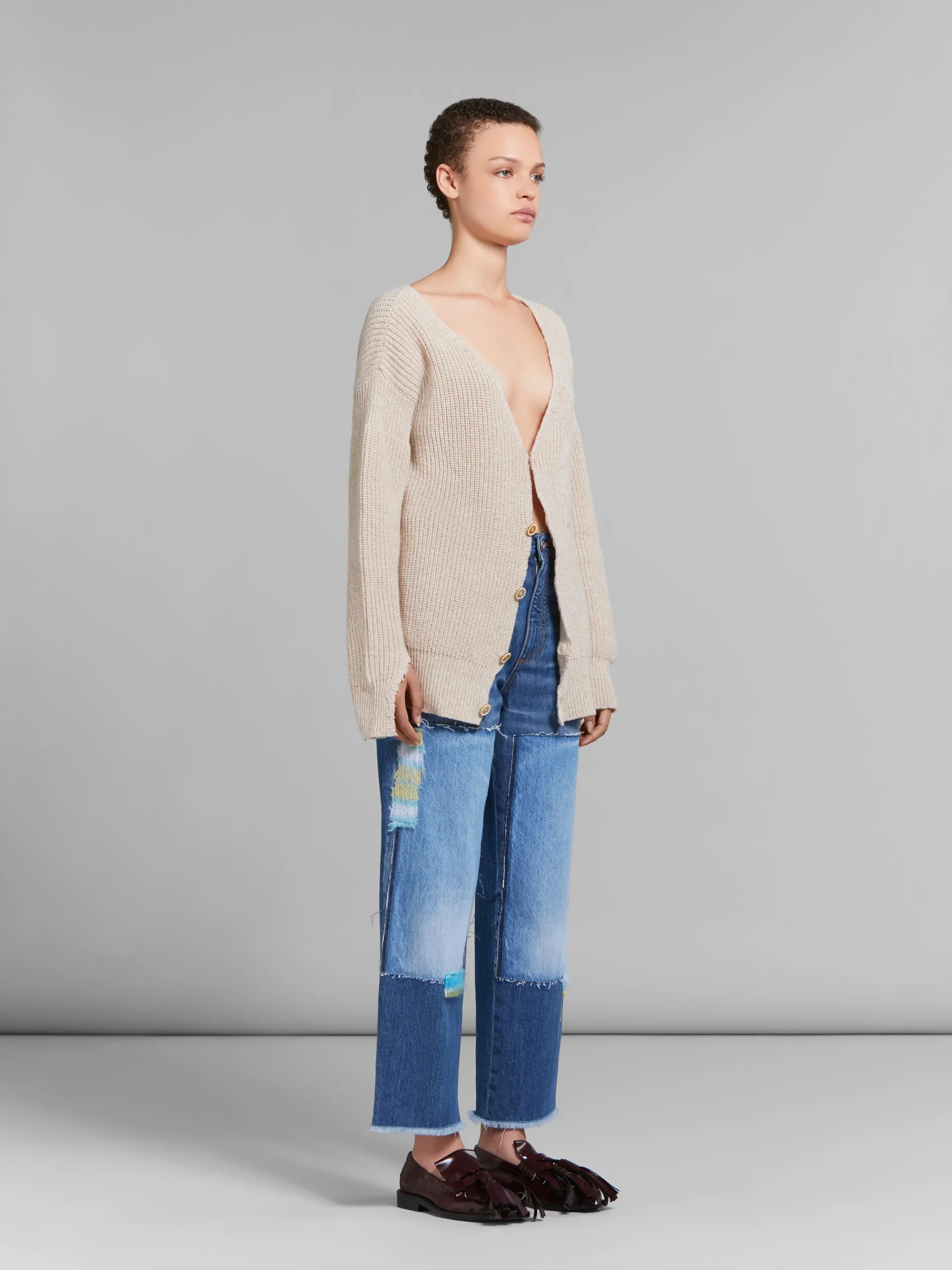 Knitwear>Marni Oat Wool Cardigan With Mending NATURAL