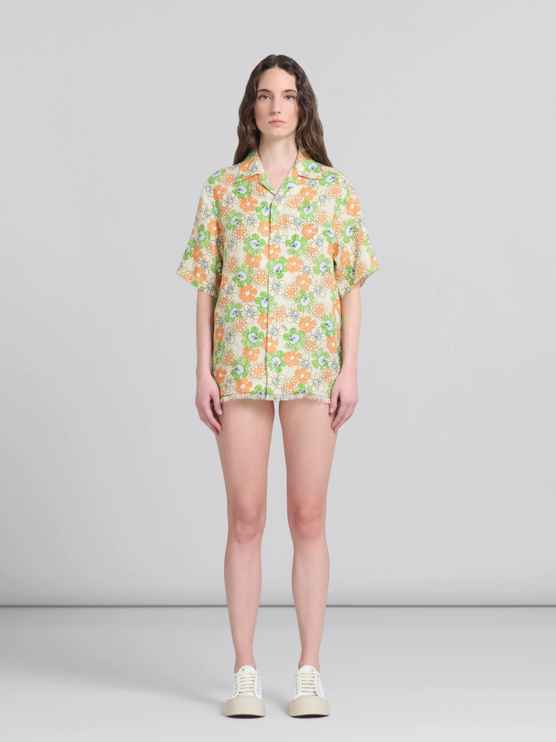 Matching Sets | Tops & T-Shirts>Marni Orange And Green Printed Linen Shirt BONE