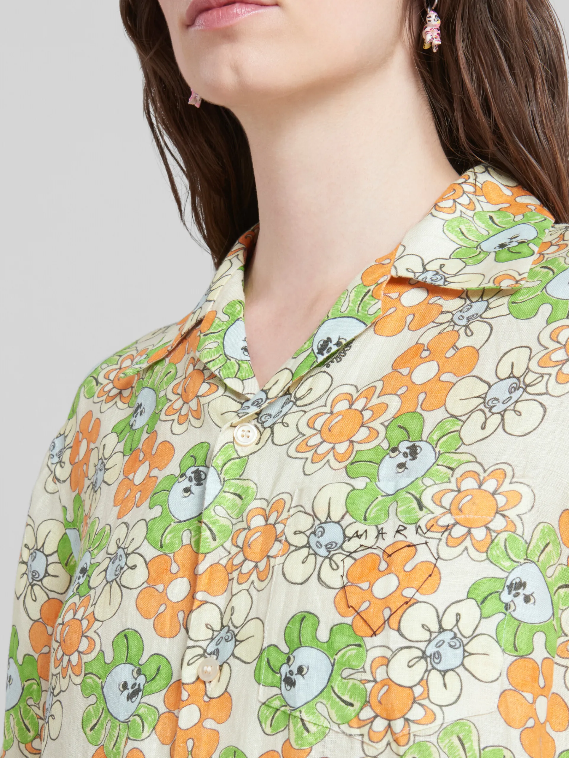 Matching Sets | Tops & T-Shirts>Marni Orange And Green Printed Linen Shirt BONE