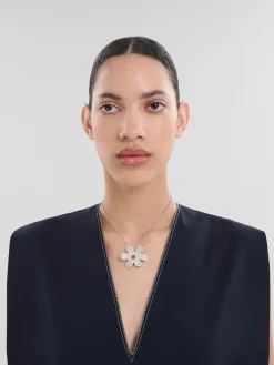 Necklaces>Marni Palladium Ball Chain Necklace With Daisy Pendant GLASS