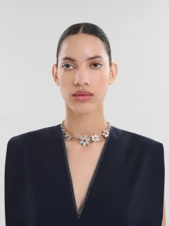 Necklaces>Marni Palladium Round Link Chain Necklace With Daisy Charms GLASS