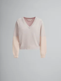 Knitwear>Marni Peach Pink Wool And Cashmere Color Block V-neck Sweater PALEPEACH