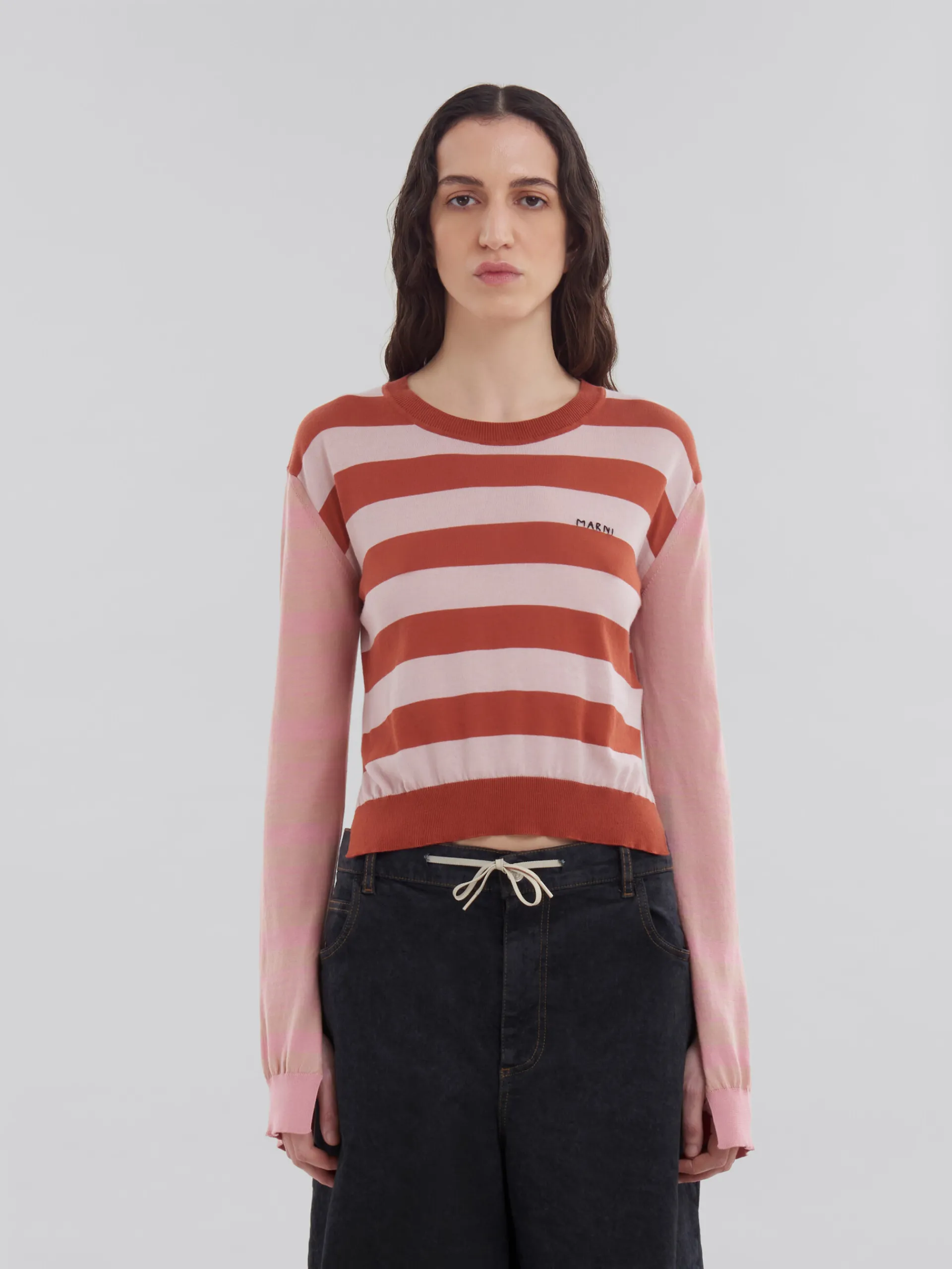 Knitwear>Marni Pink Contrast-stripe Light Cotton Crew-neck AZALEA