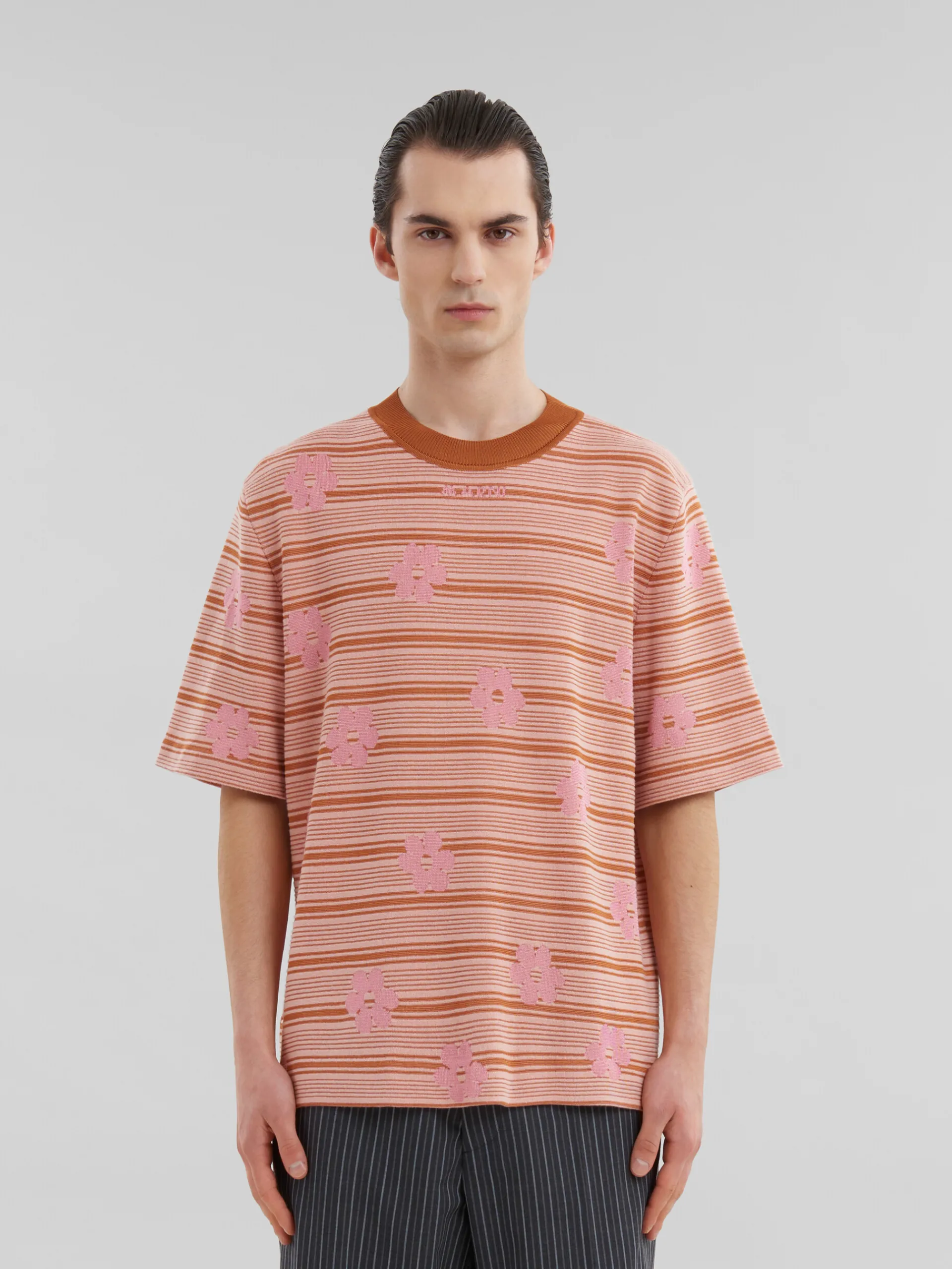 Knitwear>Marni Pink Cotton-viscose Striped Knit T-shirt With Floral Motif PINKGUMMY