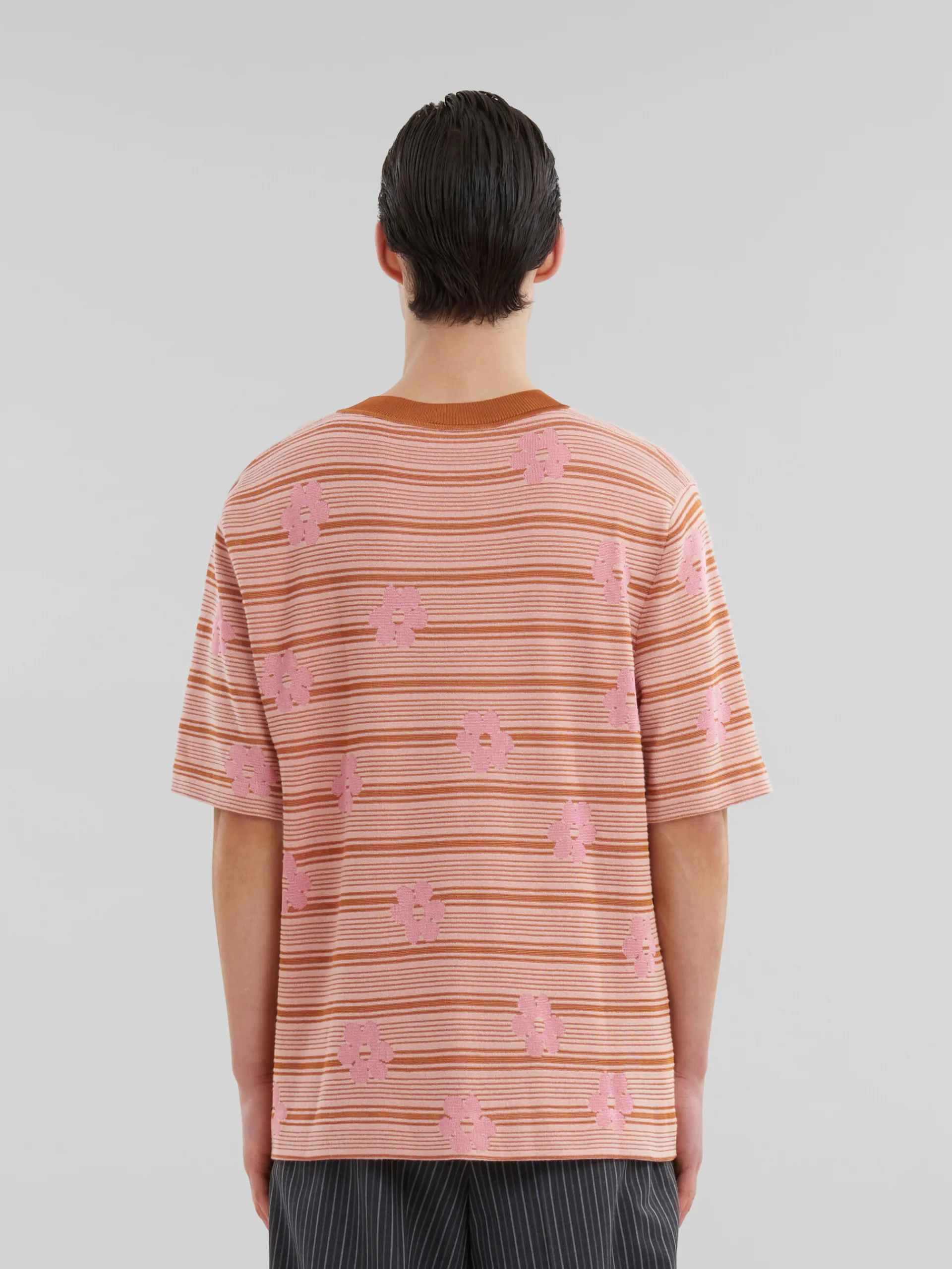 Knitwear>Marni Pink Cotton-viscose Striped Knit T-shirt With Floral Motif PINKGUMMY