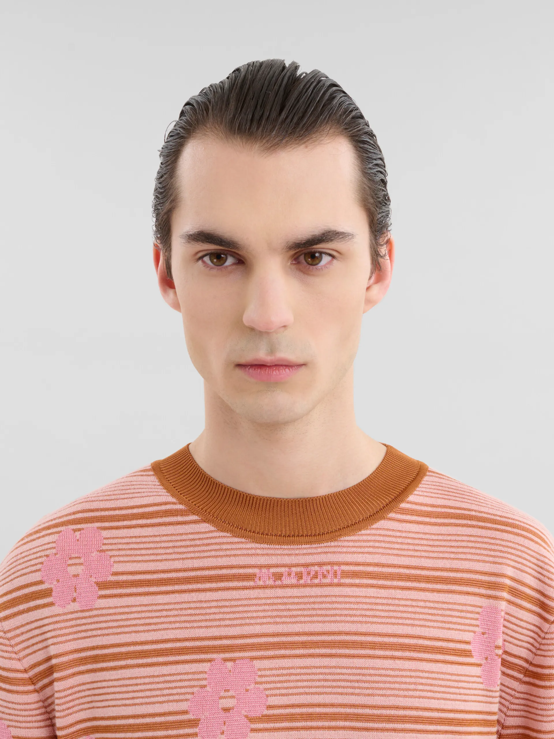 Knitwear>Marni Pink Cotton-viscose Striped Knit T-shirt With Floral Motif PINKGUMMY