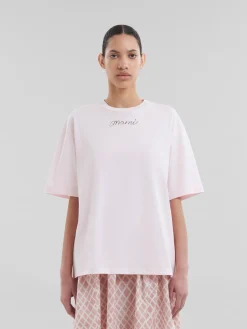 Tops & T-Shirts>Marni Pink Organic Cotton Boxy T-shirt With Repeated Logo LIGHTPINK