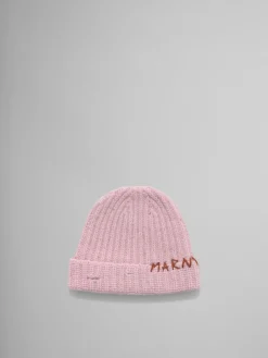 Hats>Marni Pink Shetland Wool Beanie With Mending PEONY