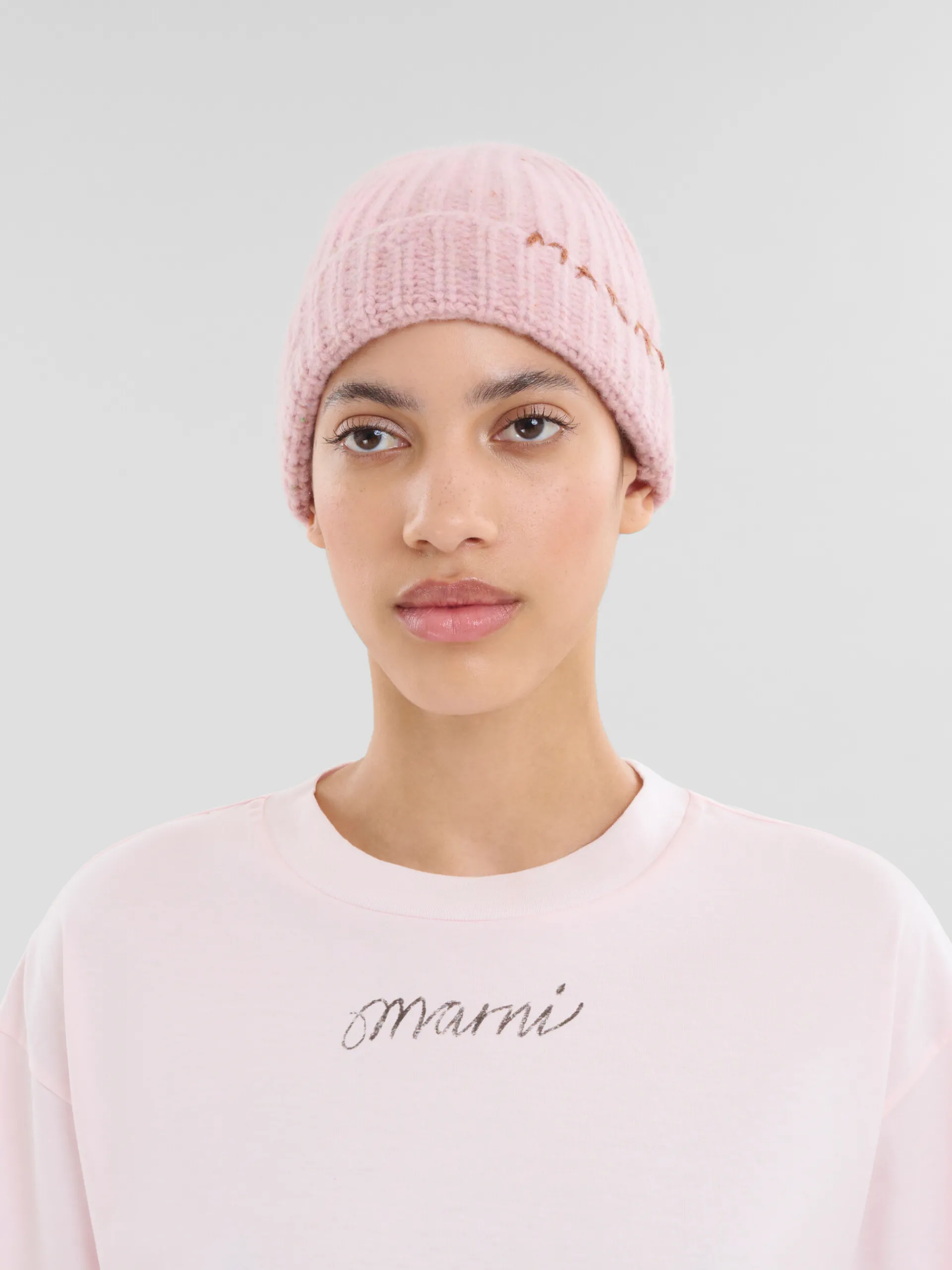 Hats>Marni Pink Shetland Wool Beanie With Mending PEONY