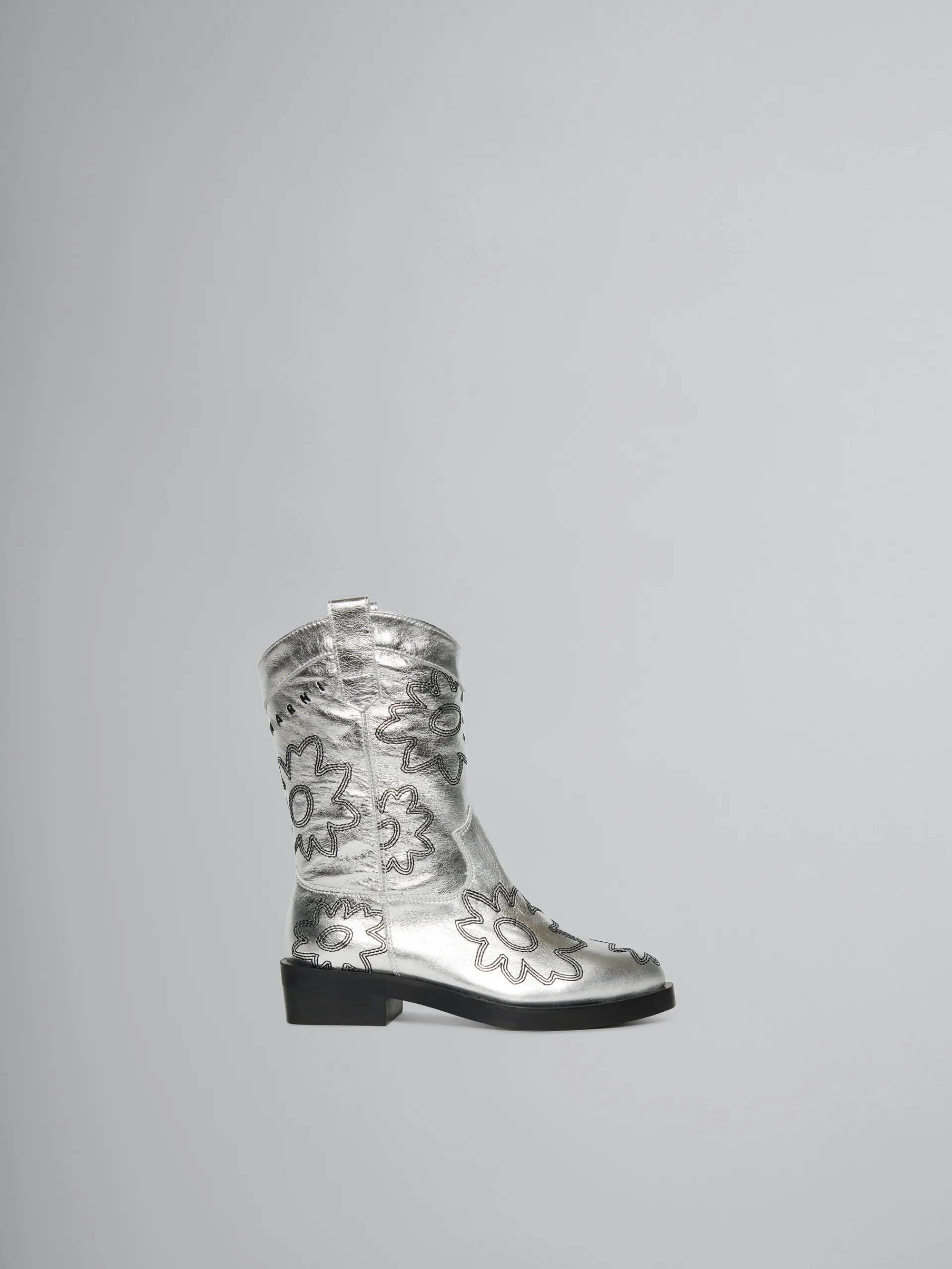 Kids>Marni Silver Leather Cowboy Boot With Embroidered Patch Detail SILVER/BLACK