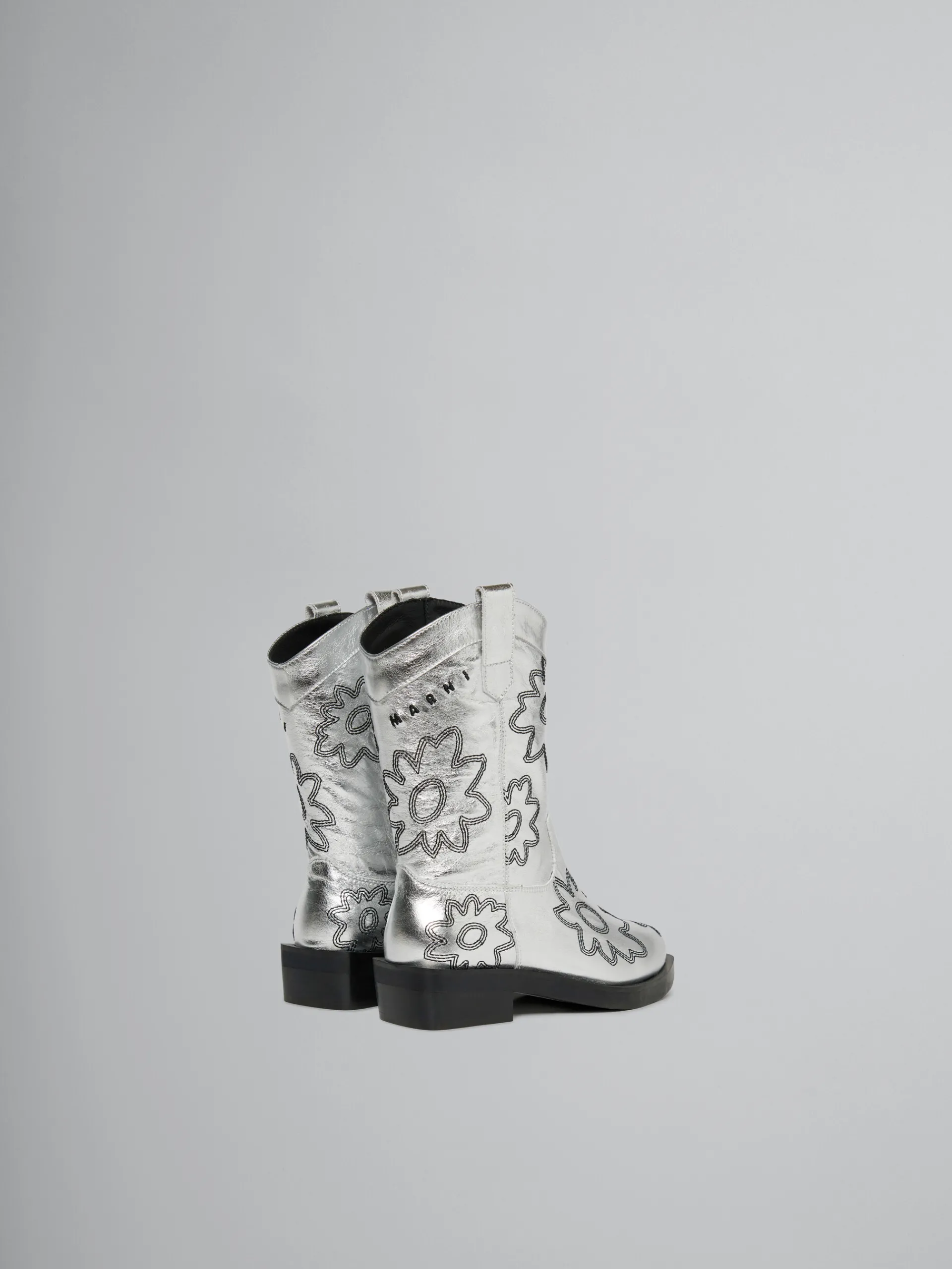 Kids>Marni Silver Leather Cowboy Boot With Embroidered Patch Detail SILVER/BLACK