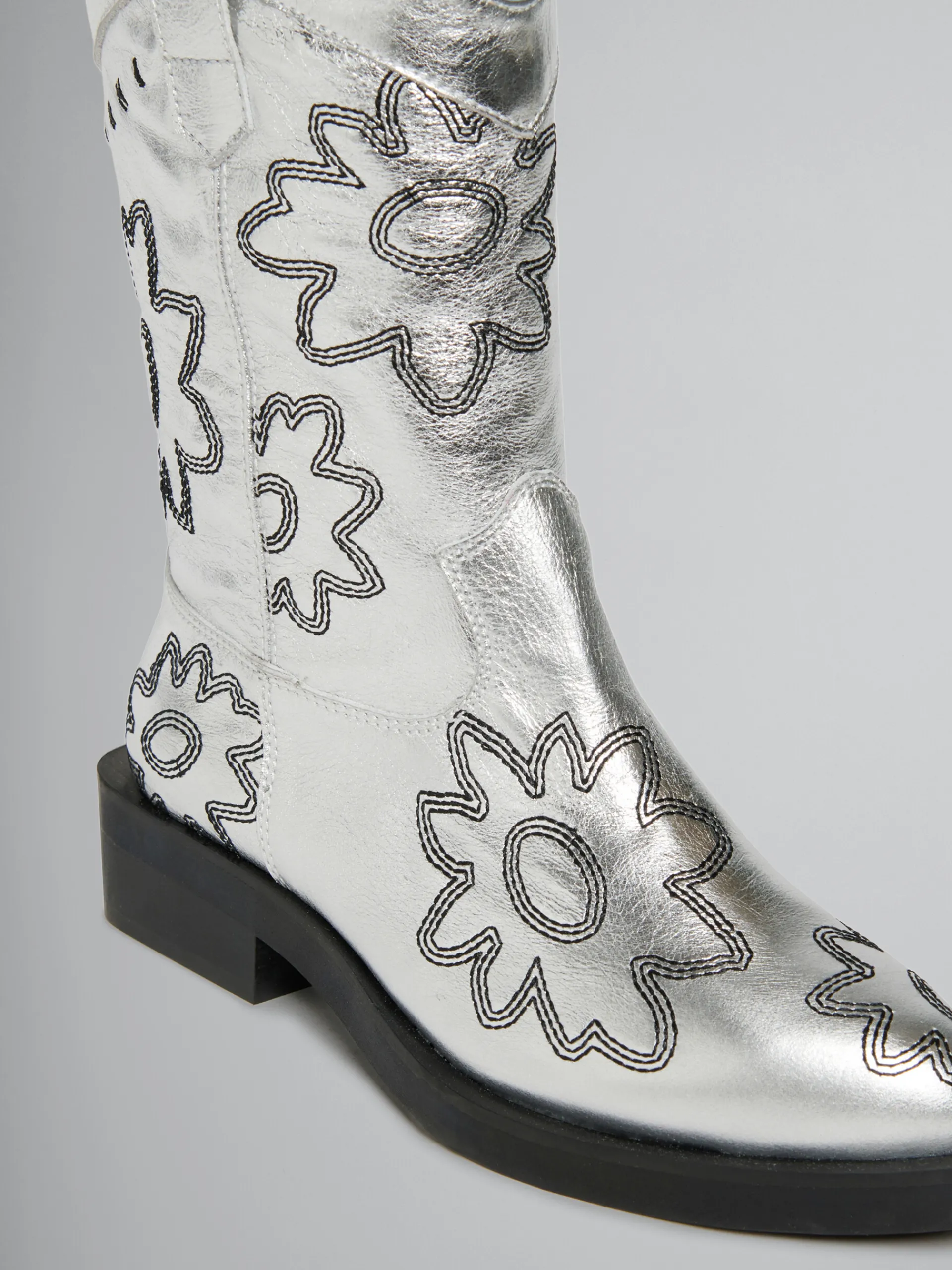 Kids>Marni Silver Leather Cowboy Boot With Embroidered Patch Detail SILVER/BLACK