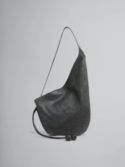 Shoulder Bags>Marni Small Crocodile Print Hobo Bag BLACK