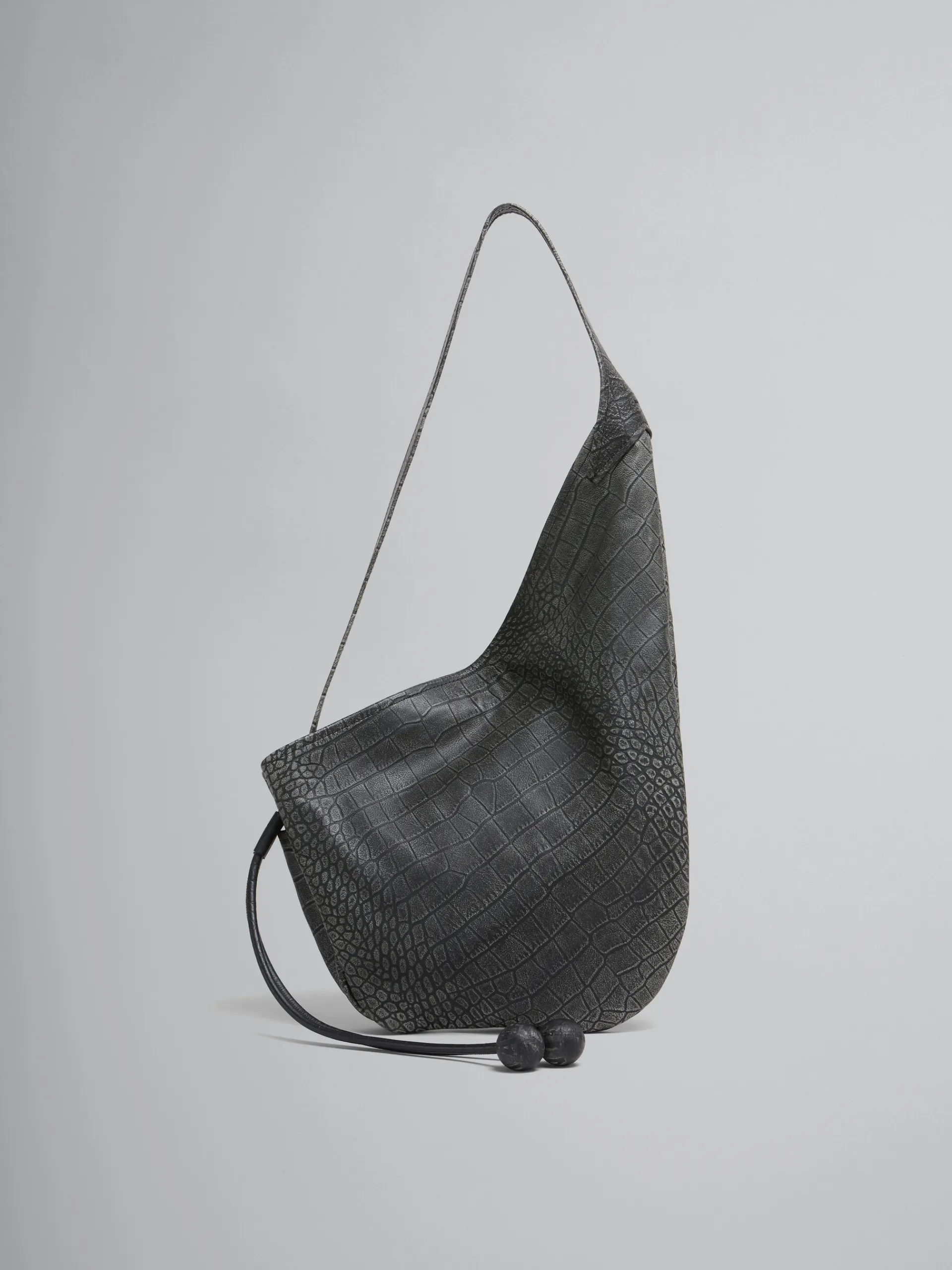 Shoulder Bags>Marni Small Crocodile Print Hobo Bag BLACK