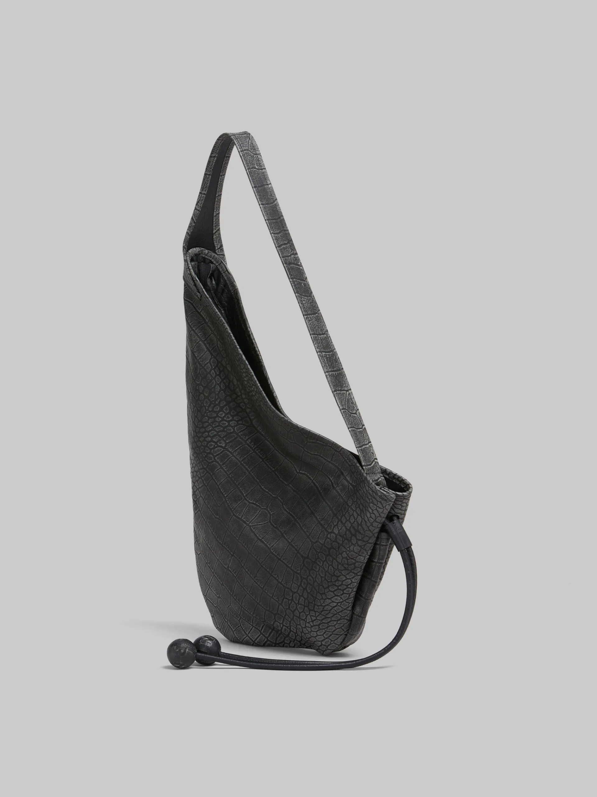 Shoulder Bags>Marni Small Crocodile Print Hobo Bag BLACK