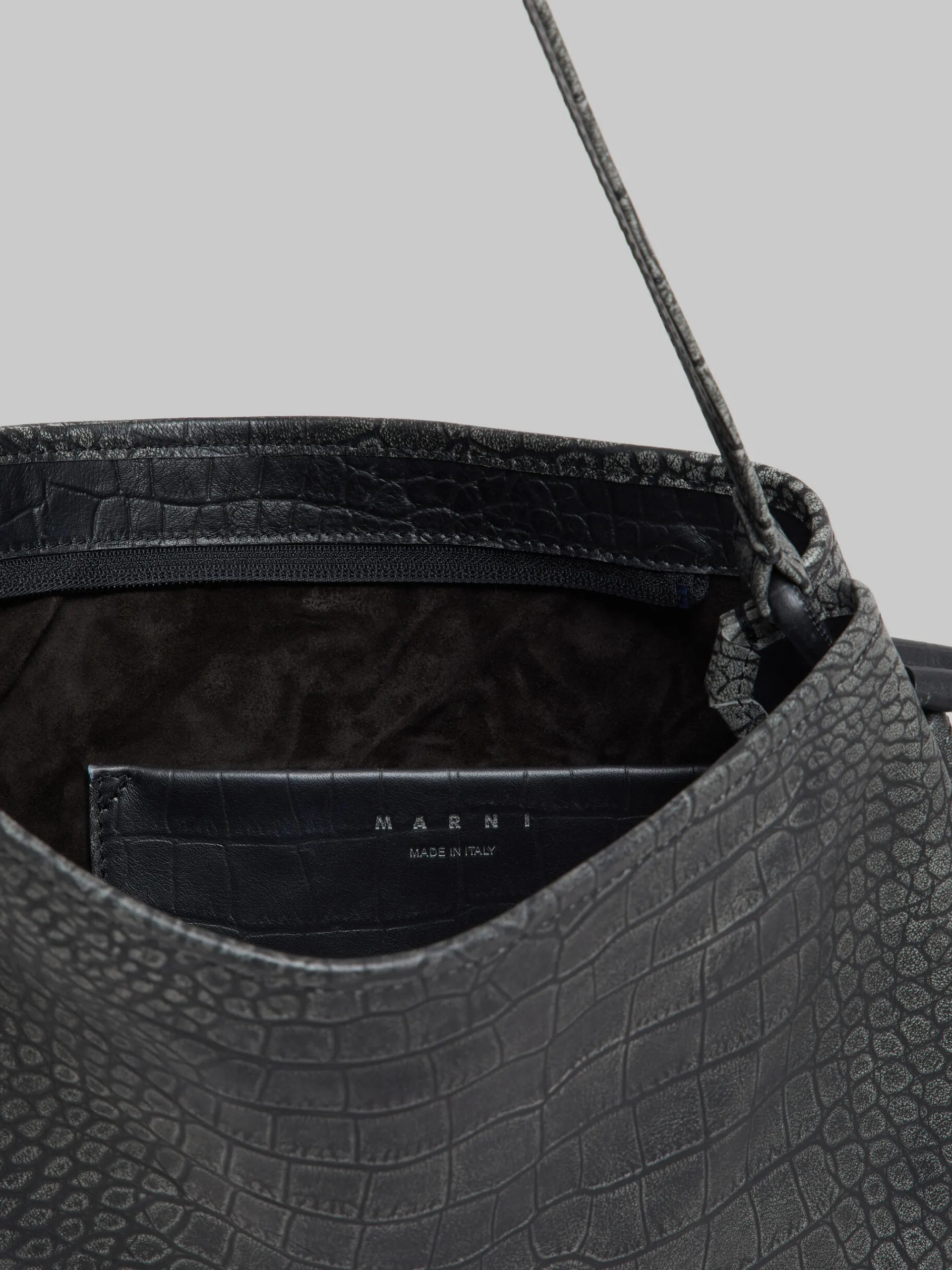 Shoulder Bags>Marni Small Crocodile Print Hobo Bag BLACK