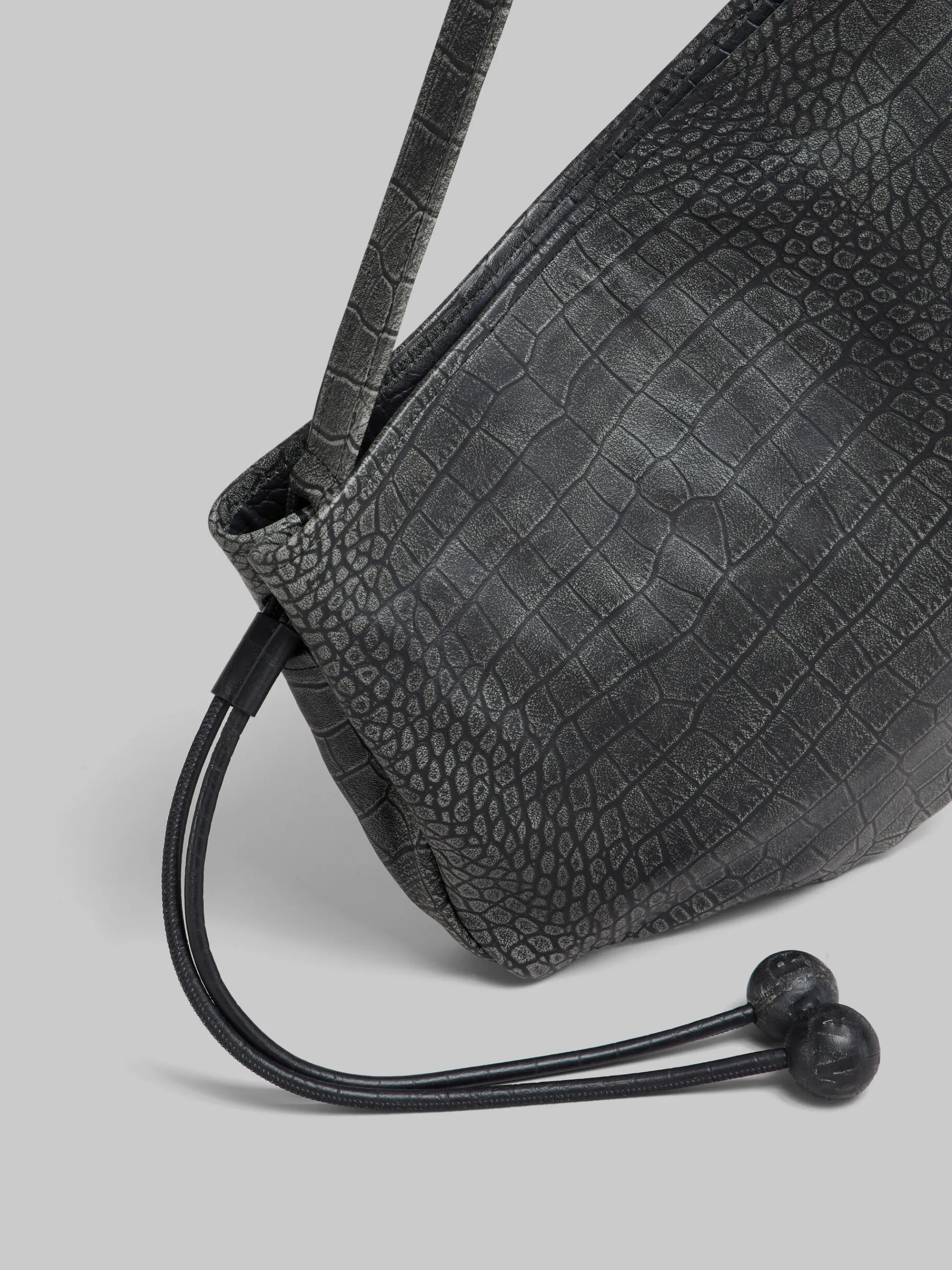 Shoulder Bags>Marni Small Crocodile Print Hobo Bag BLACK
