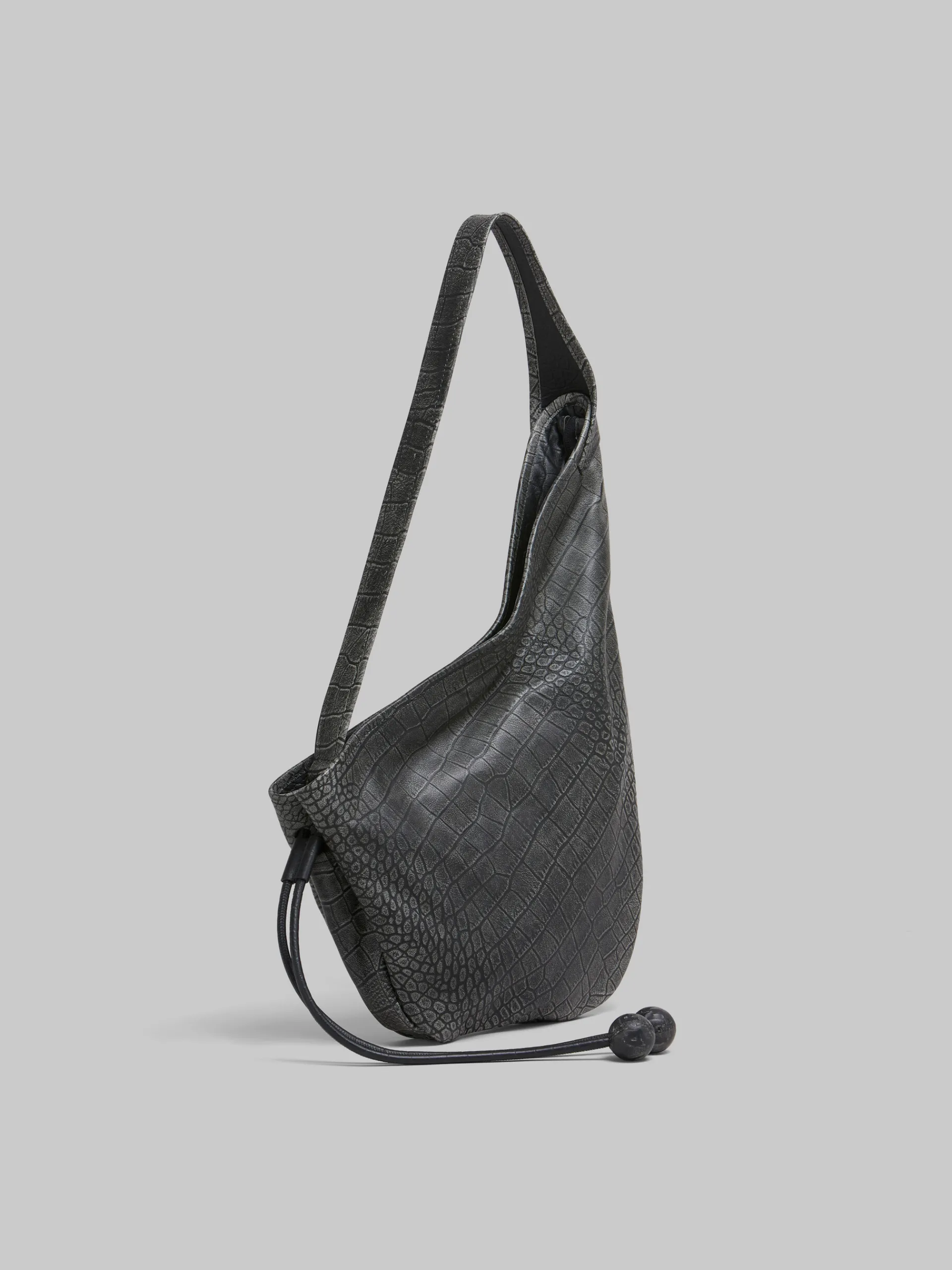 Shoulder Bags>Marni Small Crocodile Print Hobo Bag BLACK