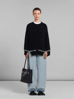 Tote Bags>Marni Small Black Leather Museo Hobo Bag With Patches BLACK/STEPPE
