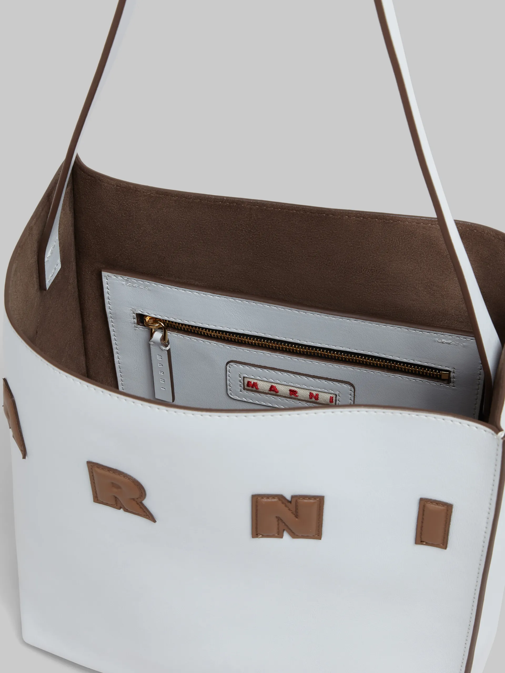 Tote Bags>Marni Small Light Grey Leather Museo Hobo Bag With Logo FROST/CORK