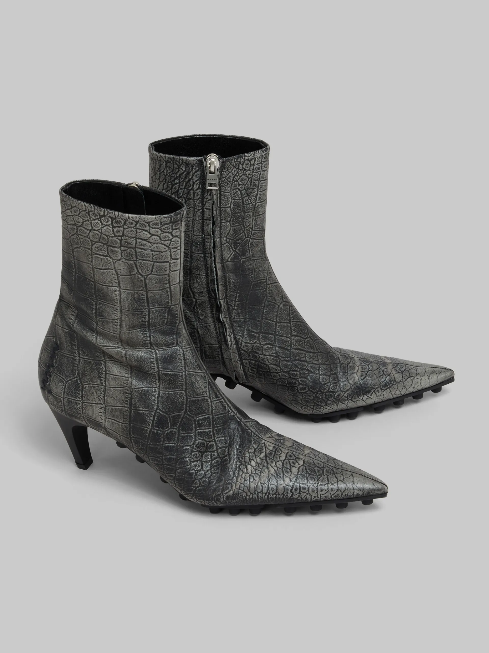 Boots>Marni Spike Ankle Boot In Crocodile Print Leather BLACK