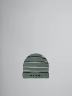 Kids>Marni Striped Wool Blend Beanie DEEP LICHEN GREEN