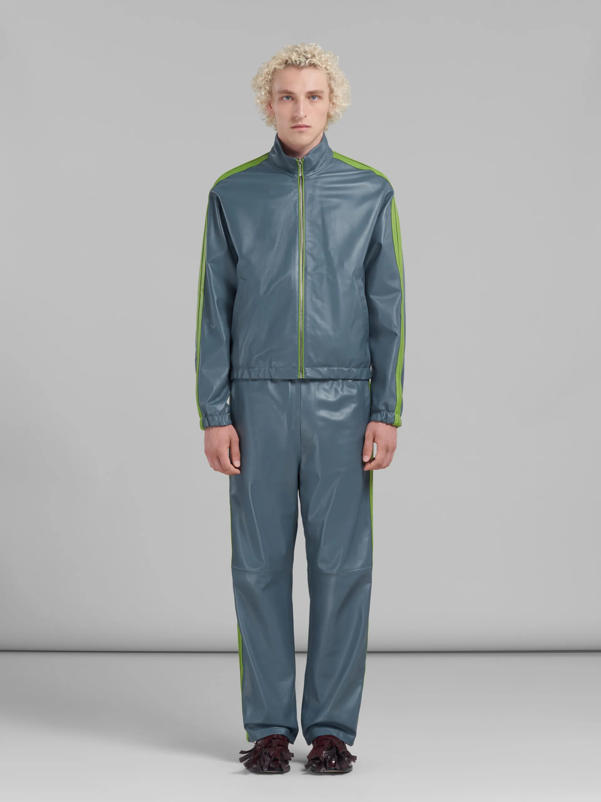 Matching Sets | Coats & Jackets>Marni Teal Nappa Bomber With Contrast Stripes TRUFFLE