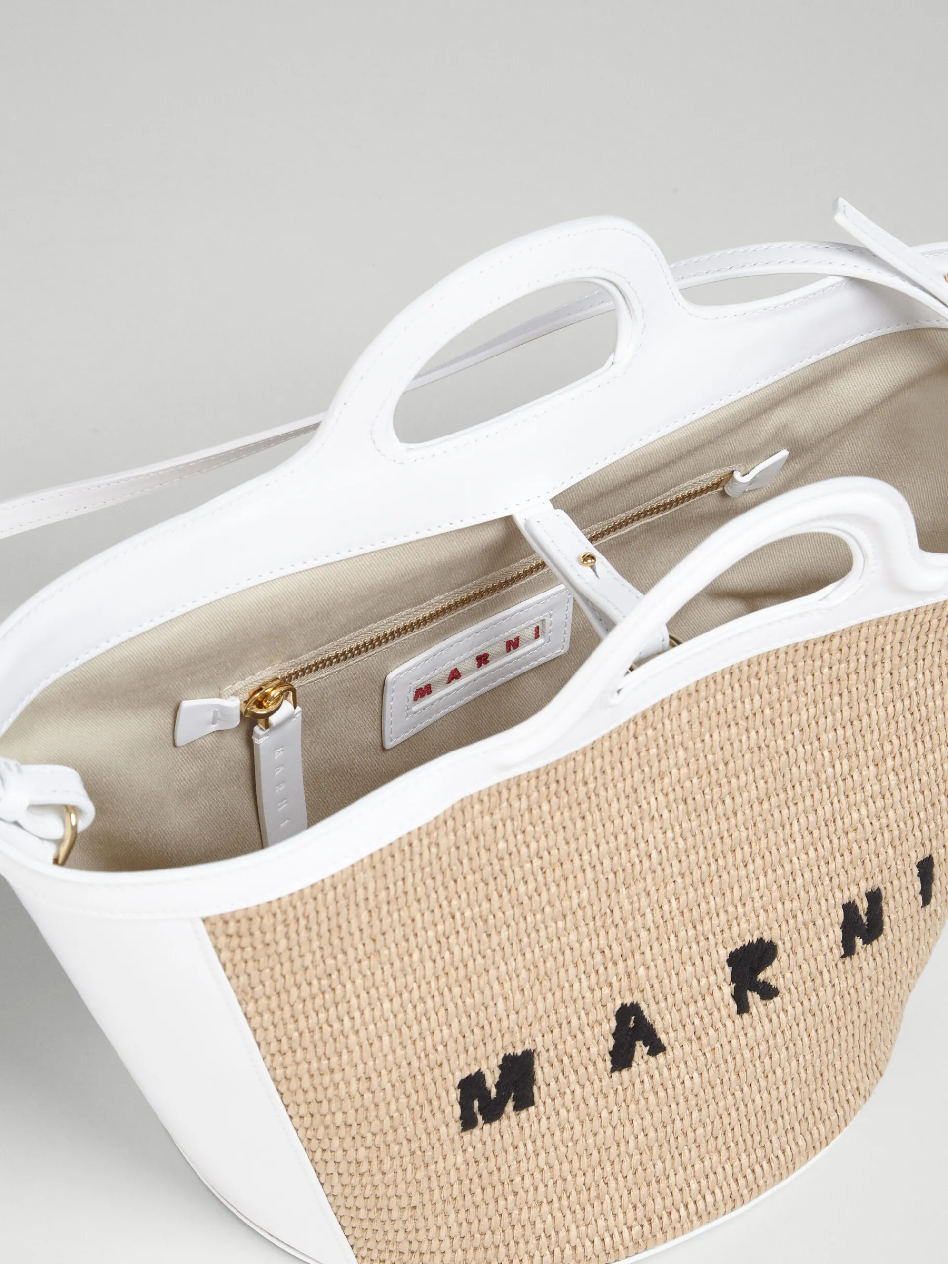 Handbags | Tropicalia Bag>Marni Tropicalia Small Bag In White Leather And Raffia-effect Fabric SANDSTORM/LILYWHITE