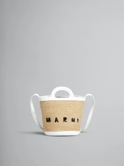 Shoulder Bags | Crossbody Bags>Marni Tropicalia Small Bucket Bag In White Leather And Raffia-effect Fabric SANDSTORM/LILYWHITE