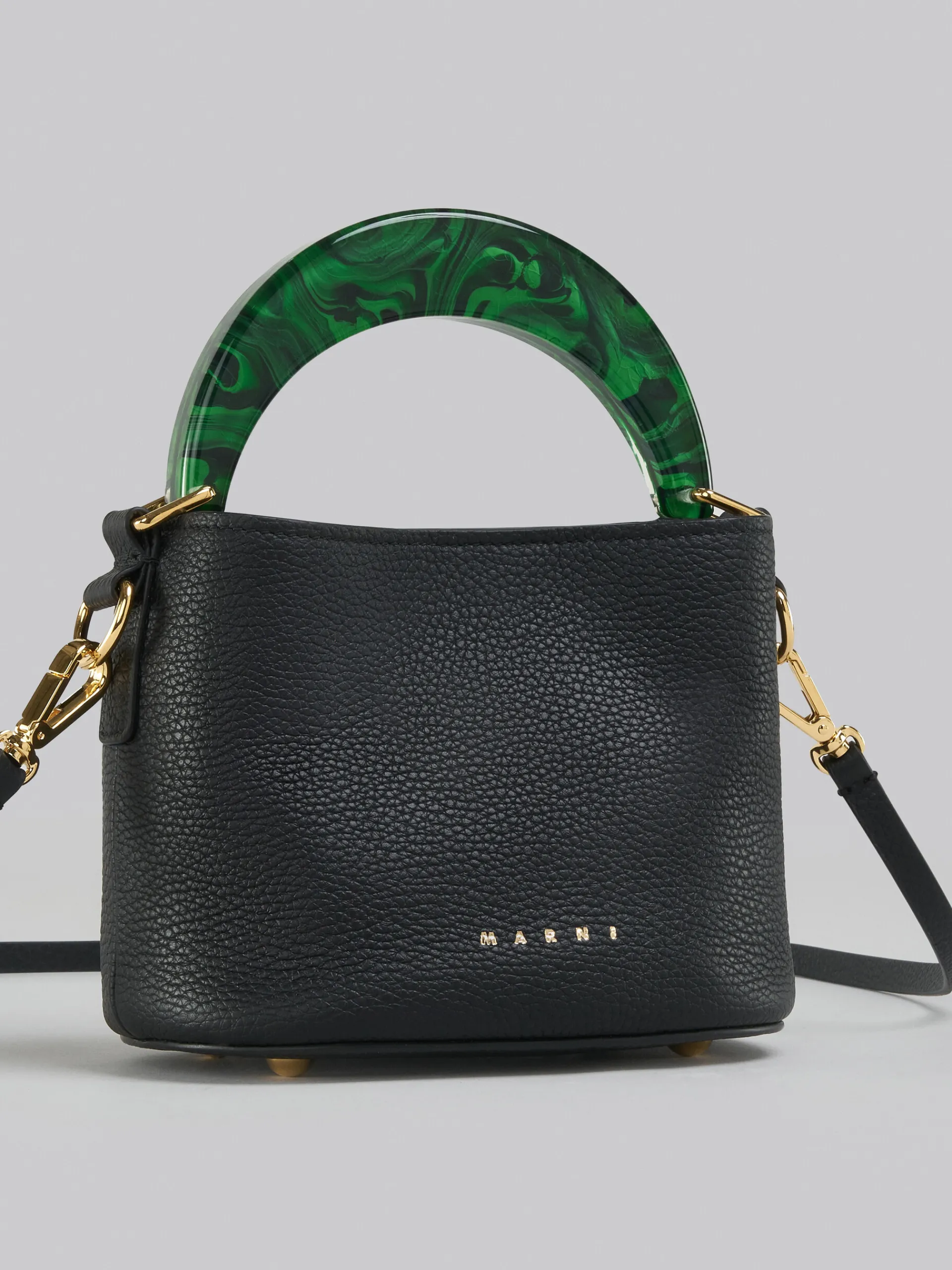 Shoulder Bags | Handbags>Marni Venice Mini Bucket Bag In Black Leather BLACK/SPHERICALGREEN