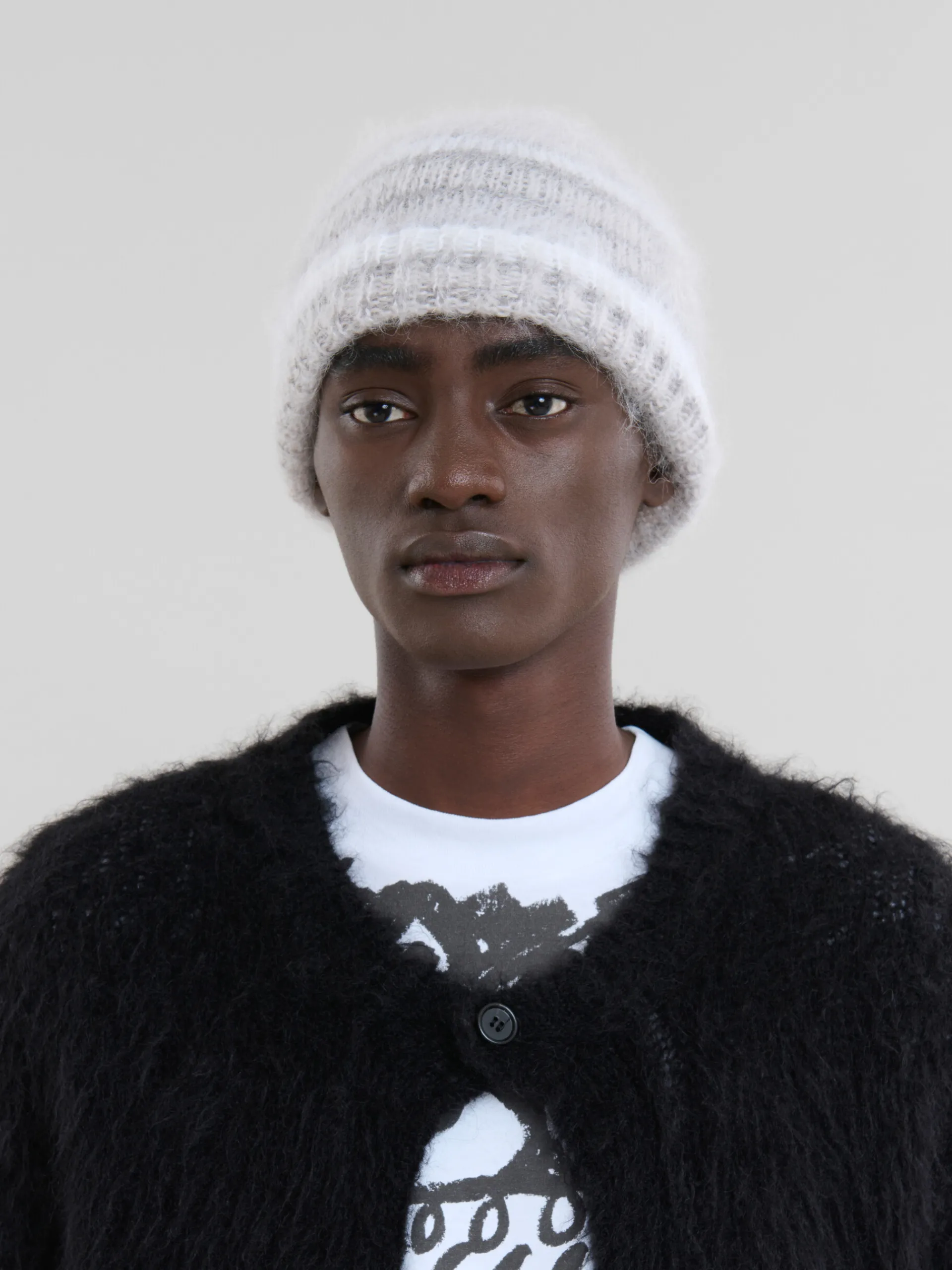 Hats>Marni White Brushed Mohair Beanie With Stripes LILYWHITE