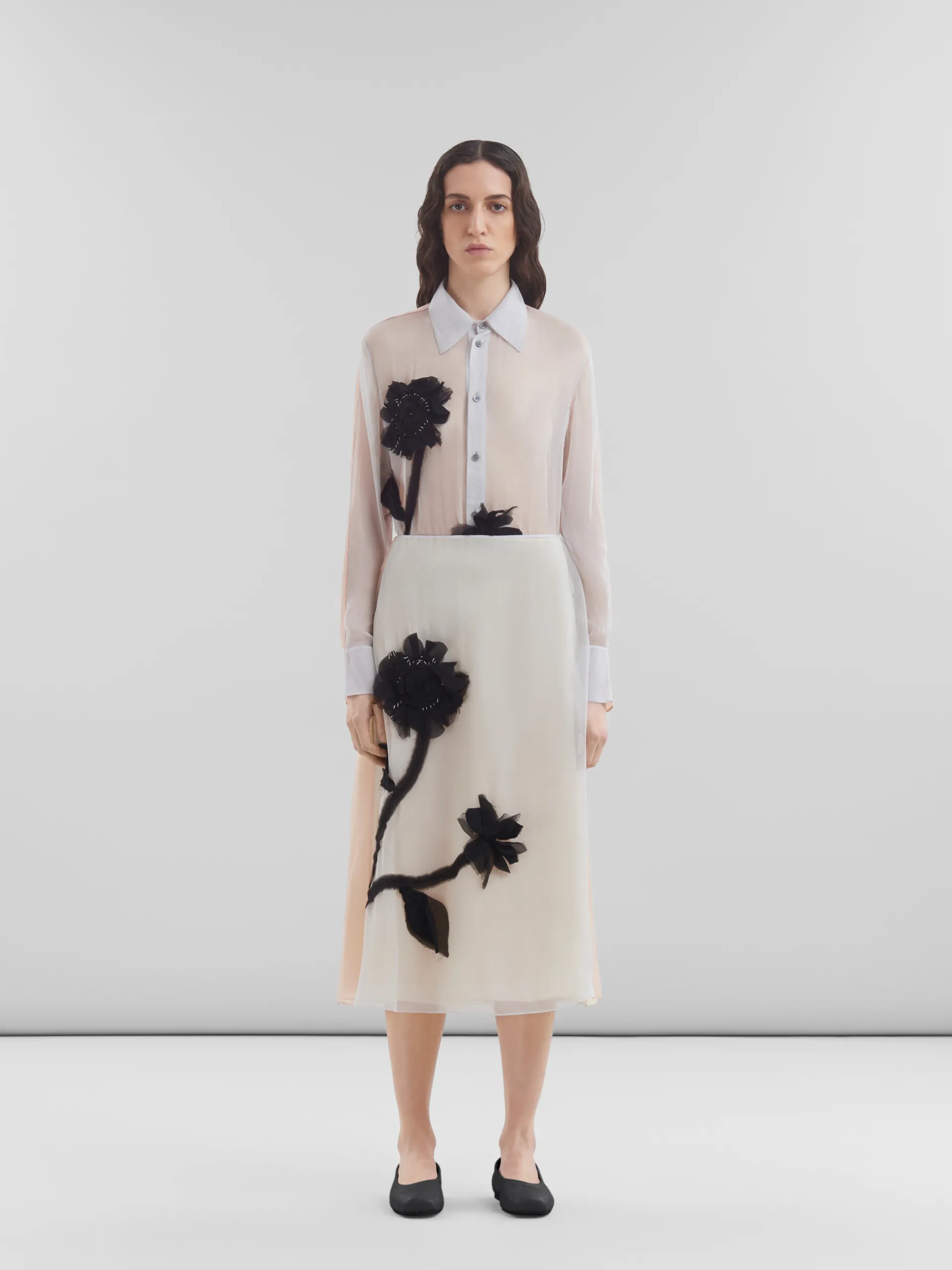 Skirts>Marni White Chiffon Skirt With Flower Appliqués SODIUM