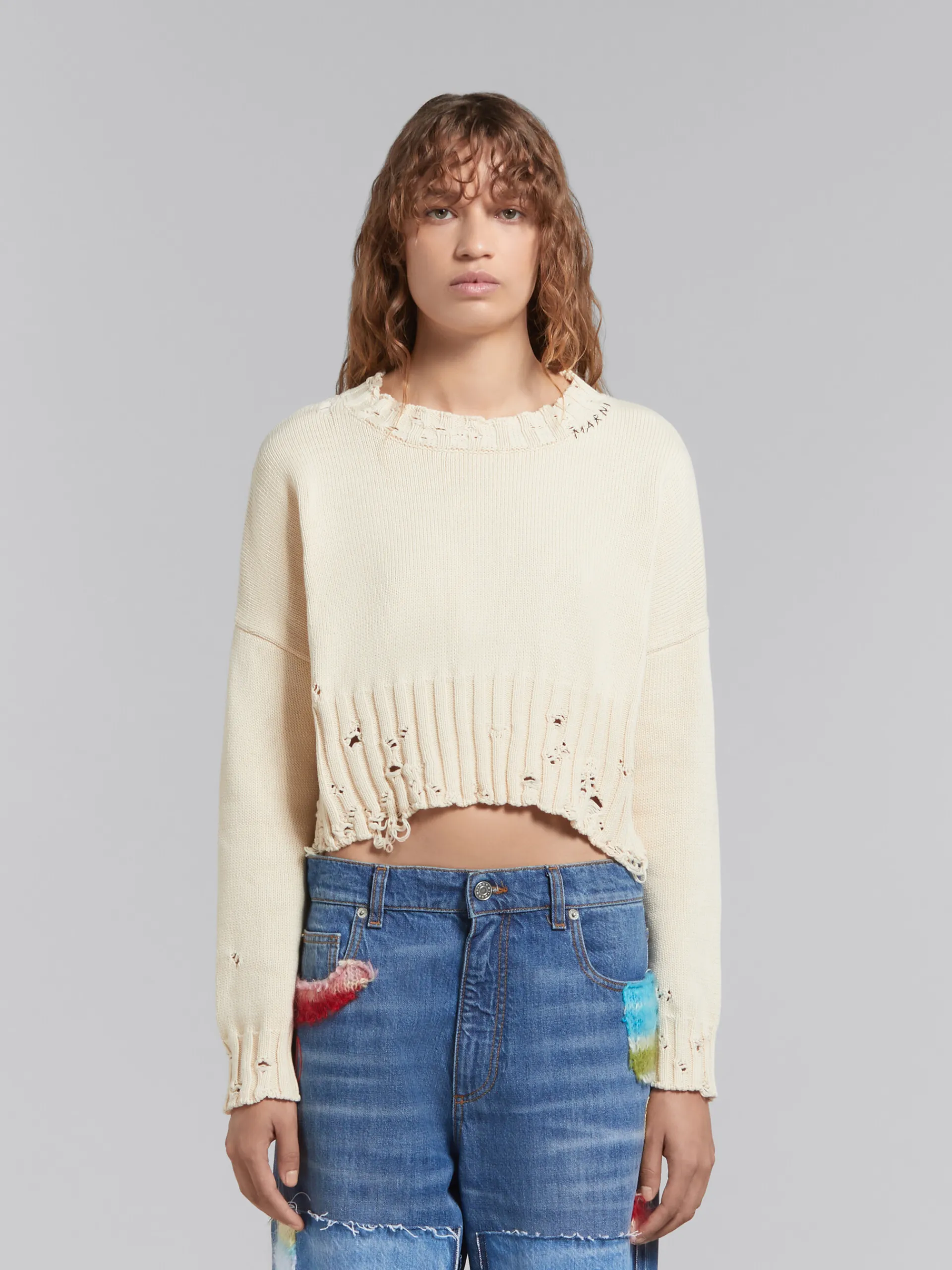 Knitwear>Marni White Cotton Cropped Sweater STONEWHITE