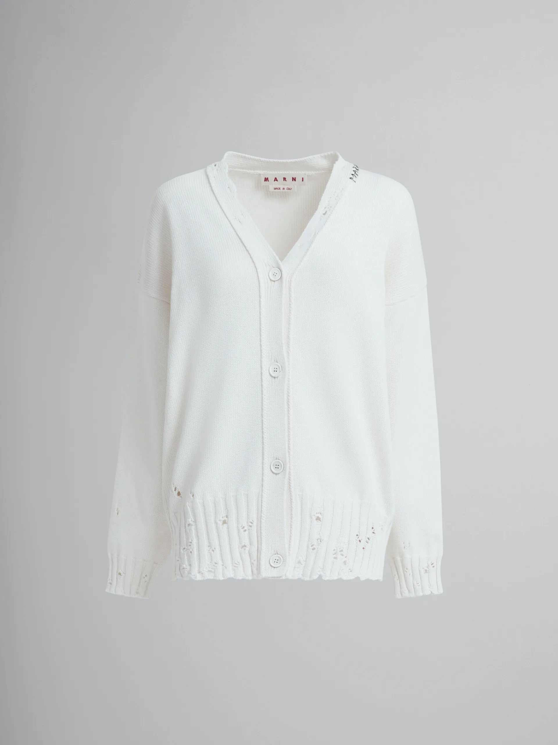 Knitwear>Marni White Dishevelled Cotton Cardigan With Mending Logo LILYWHITE