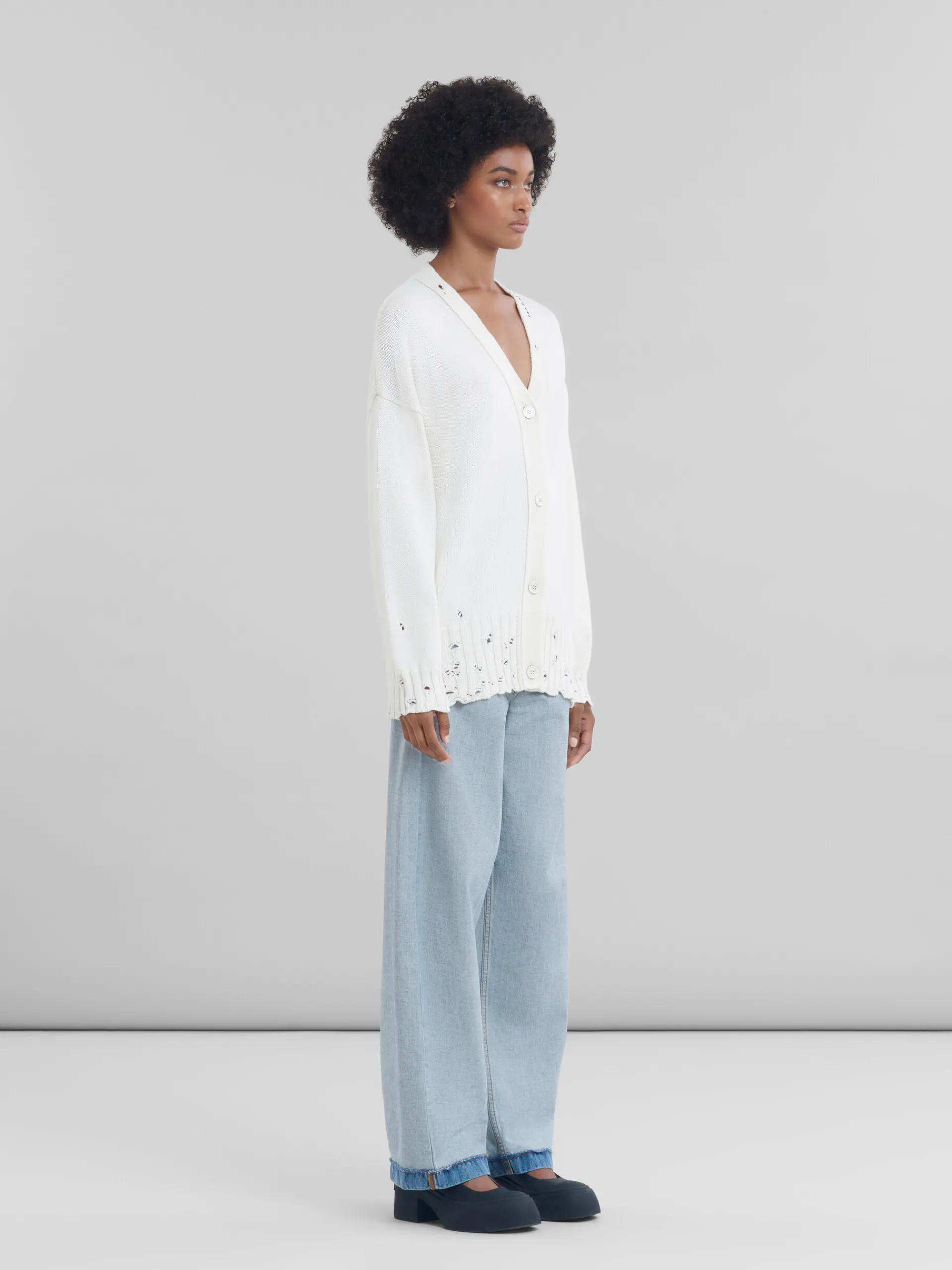 Knitwear>Marni White Dishevelled Cotton Cardigan With Mending Logo LILYWHITE