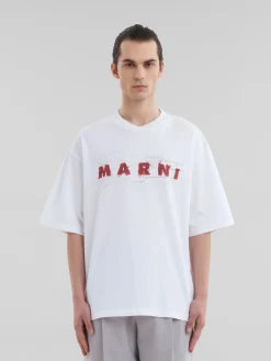 Tops & T-Shirts>Marni White Organic Cotton T-shirt With Wrinkled Logo LILYWHITE