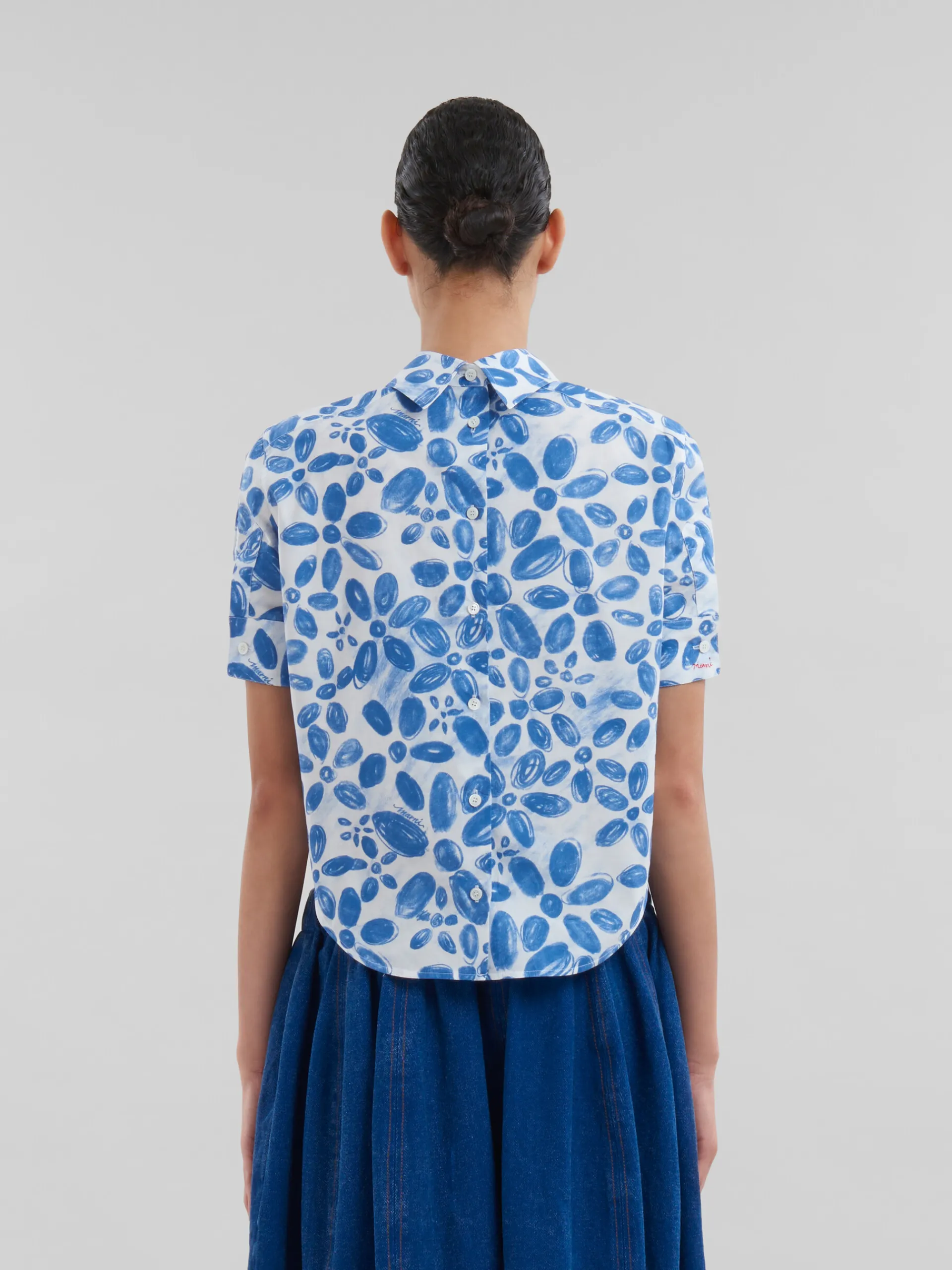 Matching Sets | Tops & T-Shirts>Marni White Organic Poplin Backwards Shirt With Blooming Print IRISBLUE