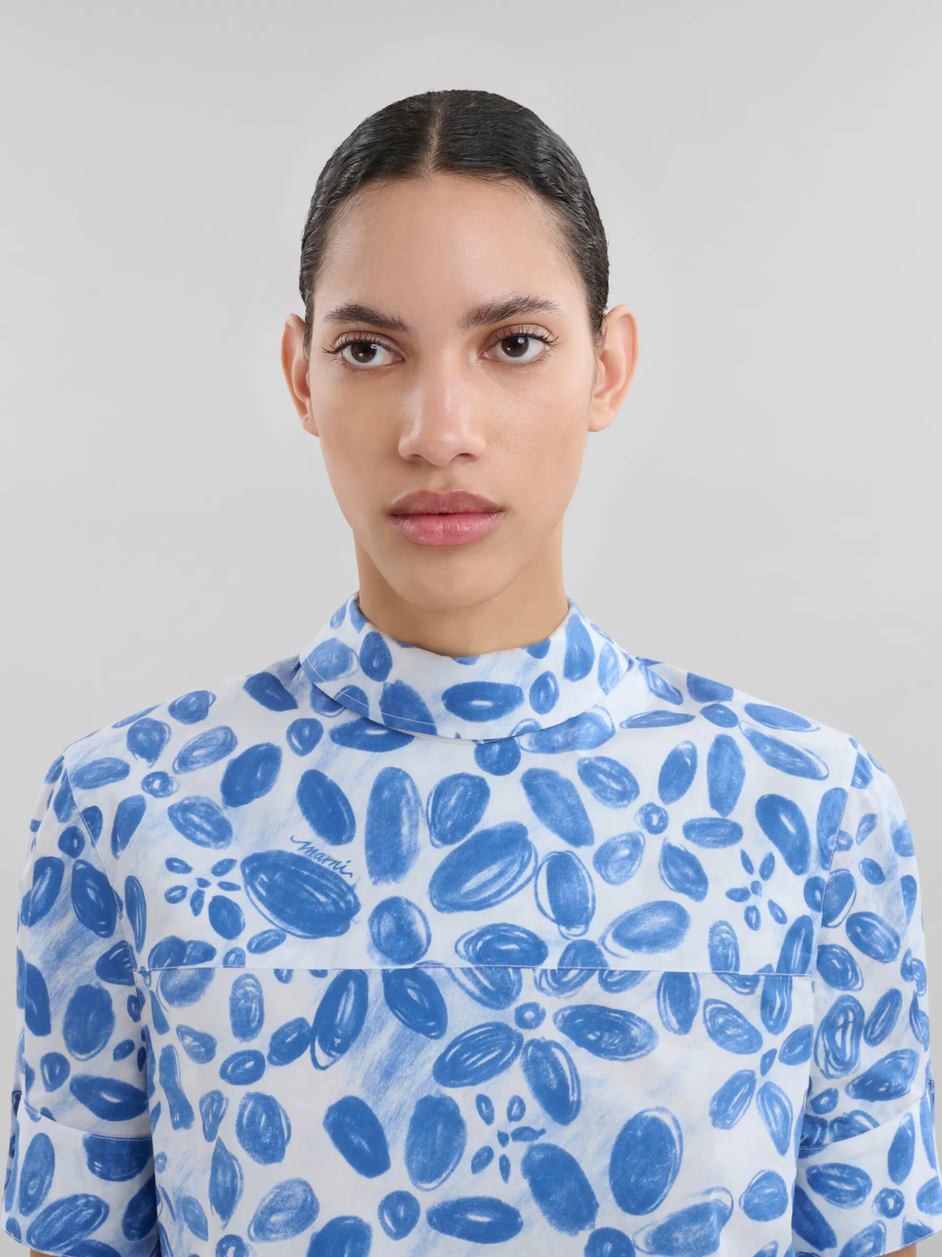 Matching Sets | Tops & T-Shirts>Marni White Organic Poplin Backwards Shirt With Blooming Print IRISBLUE