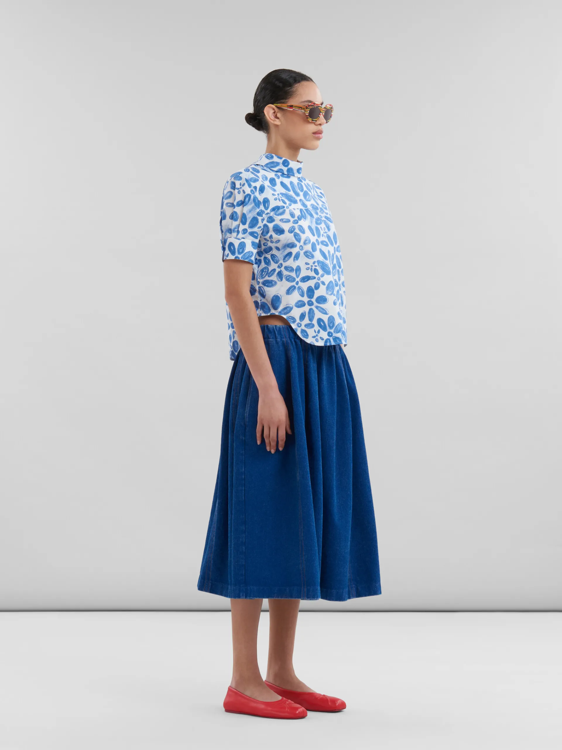 Matching Sets | Tops & T-Shirts>Marni White Organic Poplin Backwards Shirt With Blooming Print IRISBLUE