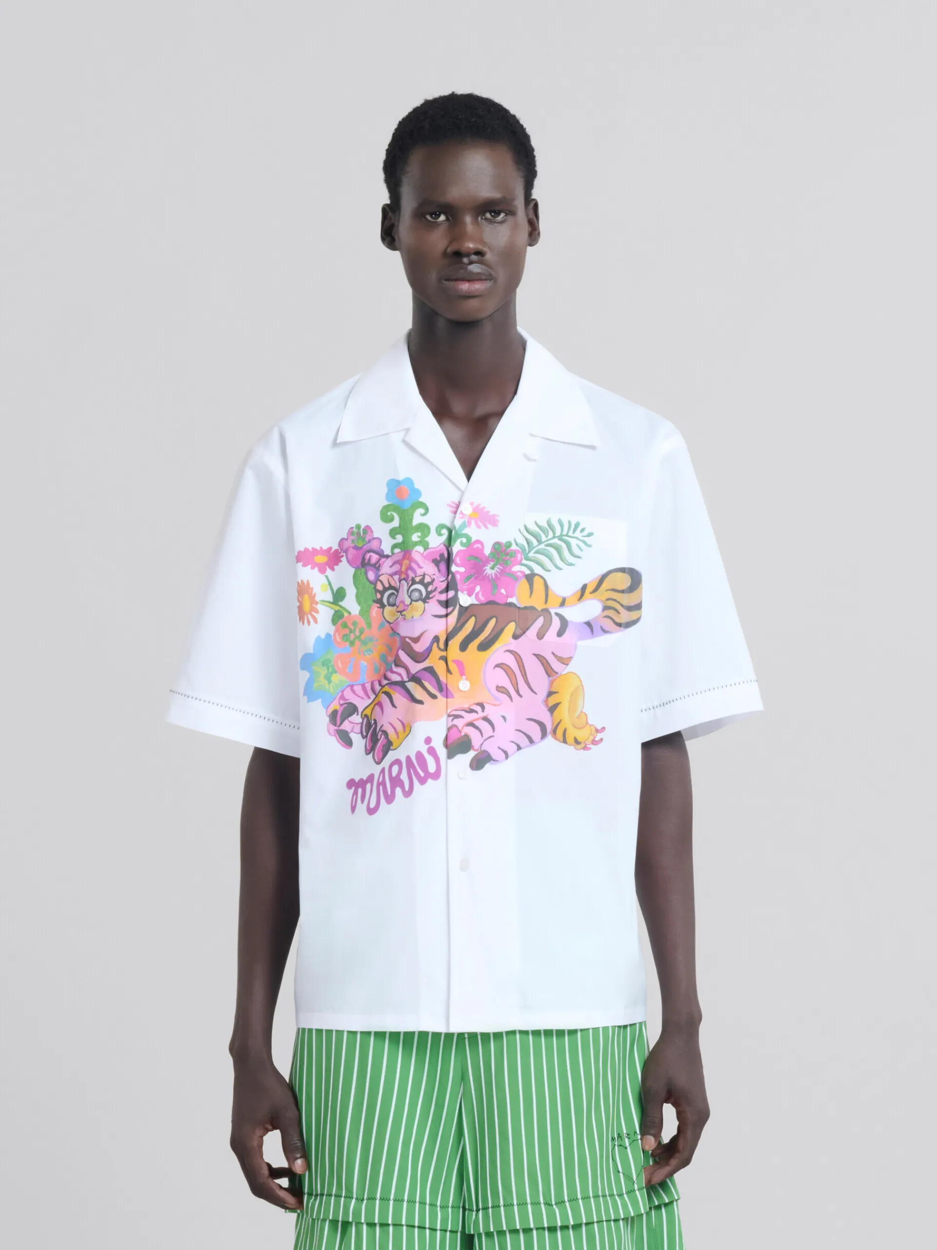 Tops & T-Shirts>Marni White Organic Poplin Bowling Shirt With Print LILYWHITE