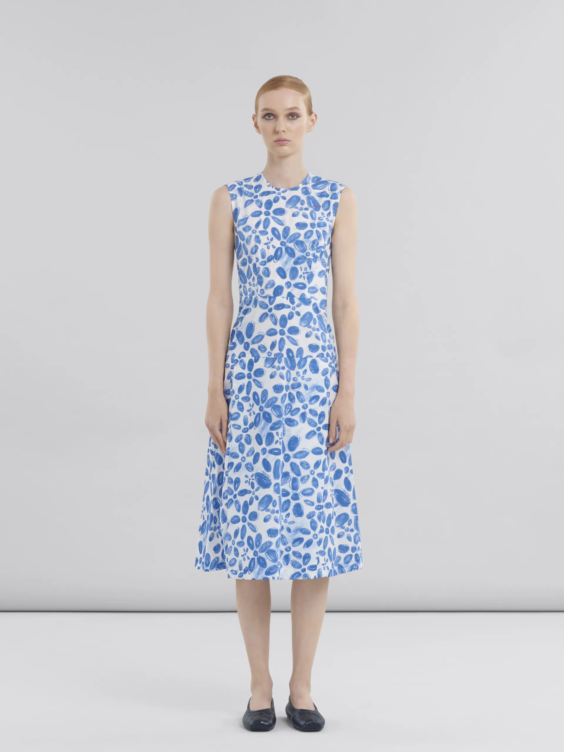 Dresses>Marni White Poplin A-line Dress With Blooming Print IRISBLUE