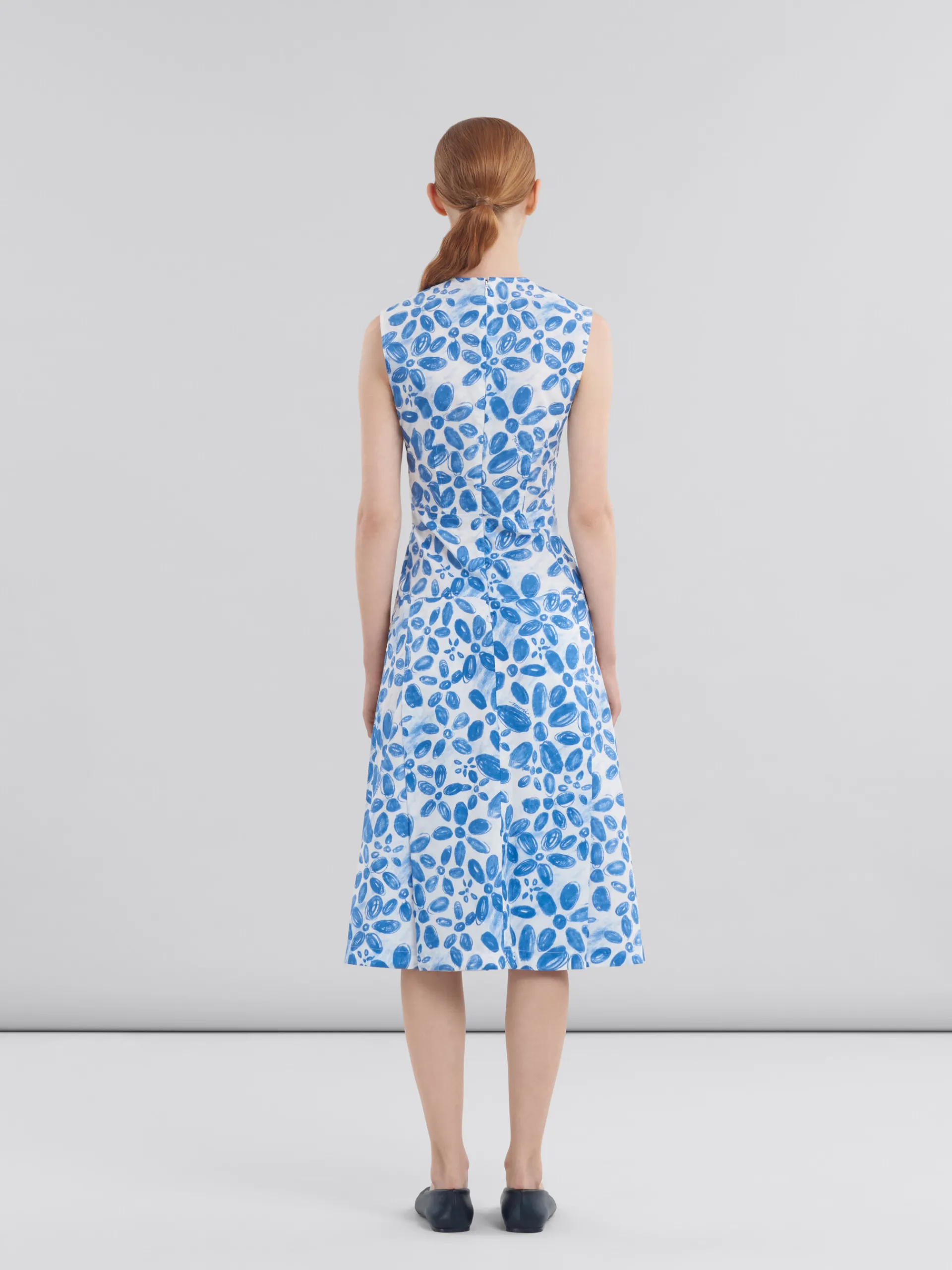 Dresses>Marni White Poplin A-line Dress With Blooming Print IRISBLUE