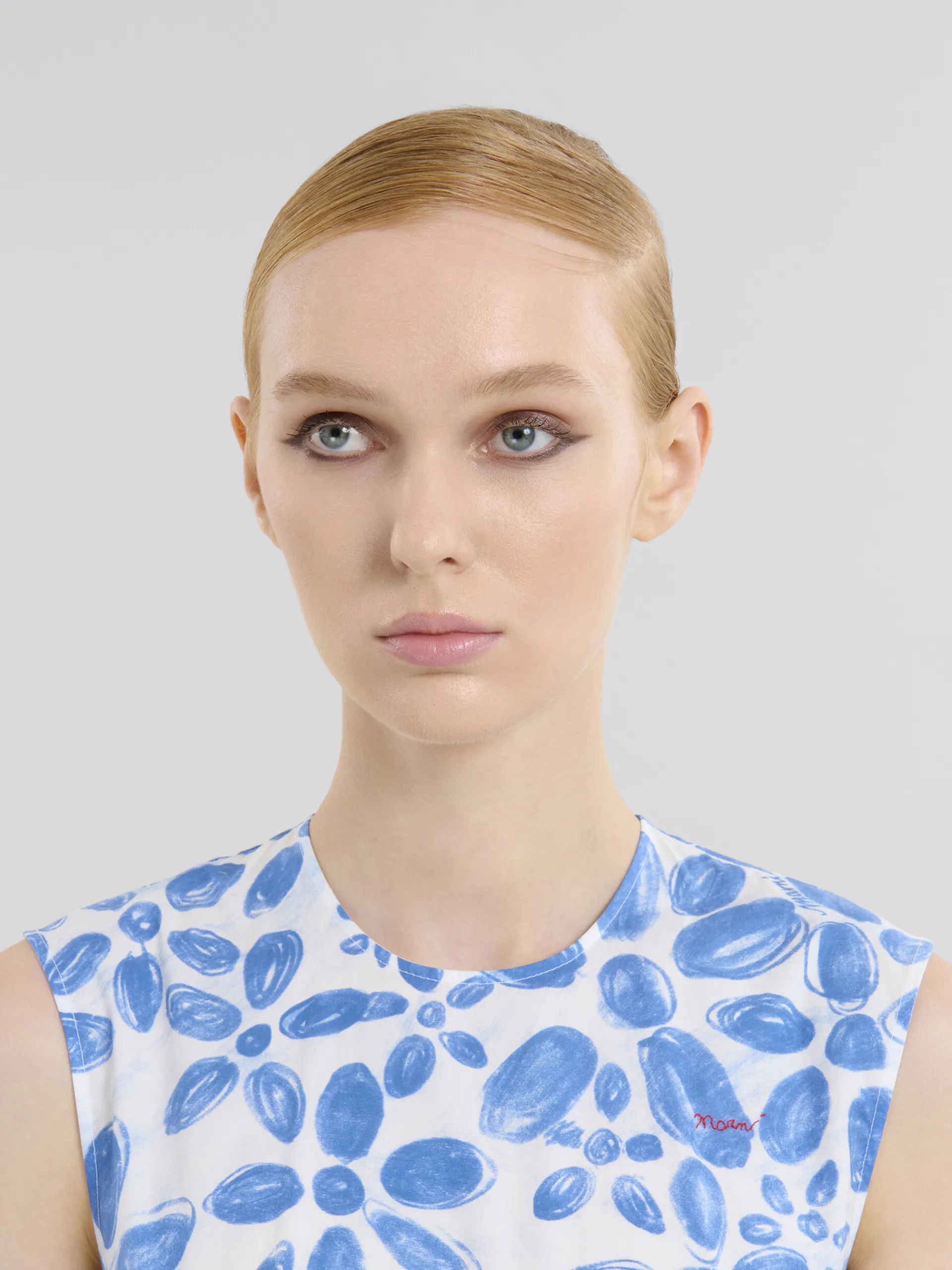 Dresses>Marni White Poplin A-line Dress With Blooming Print IRISBLUE