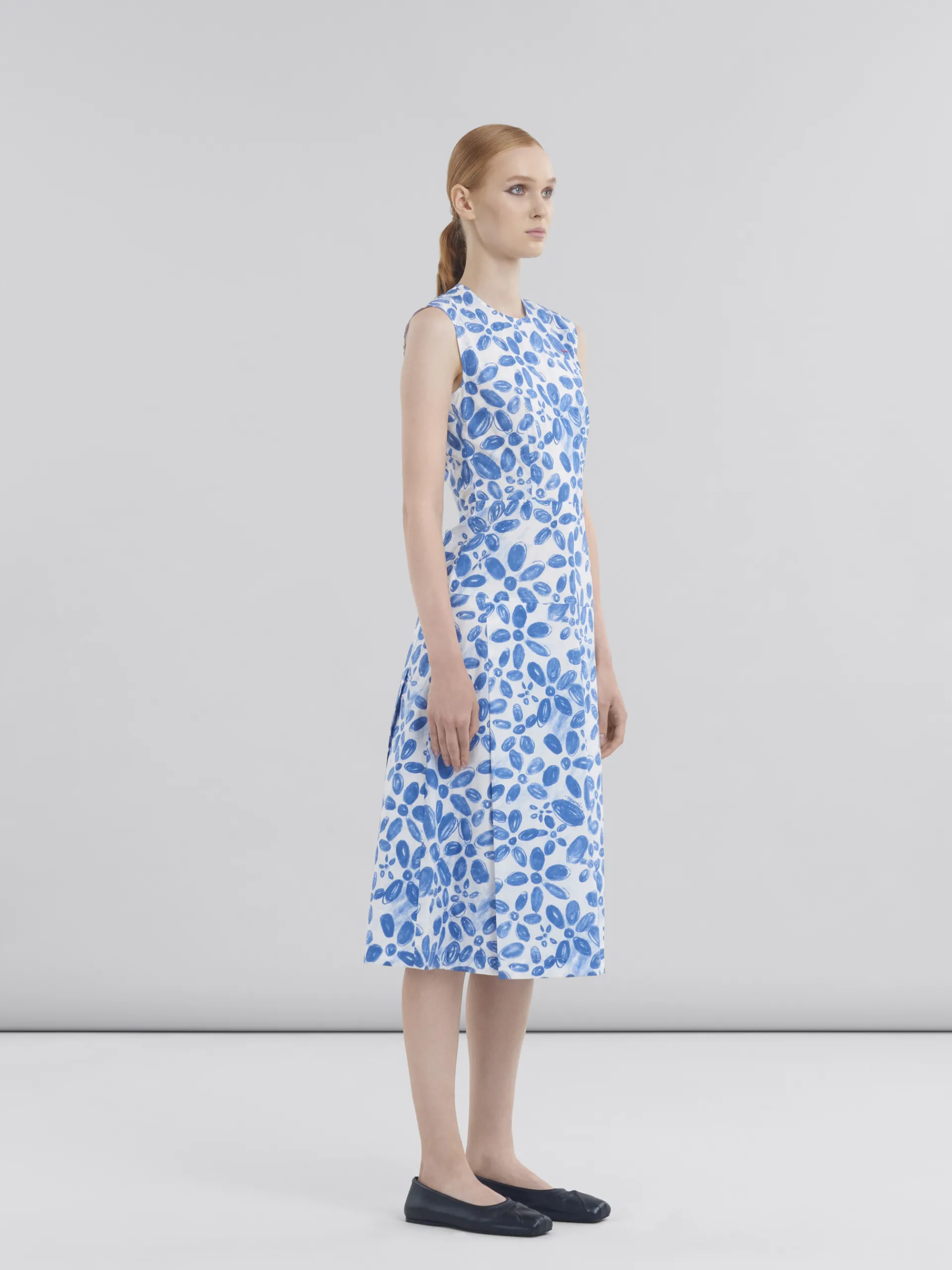 Dresses>Marni White Poplin A-line Dress With Blooming Print IRISBLUE