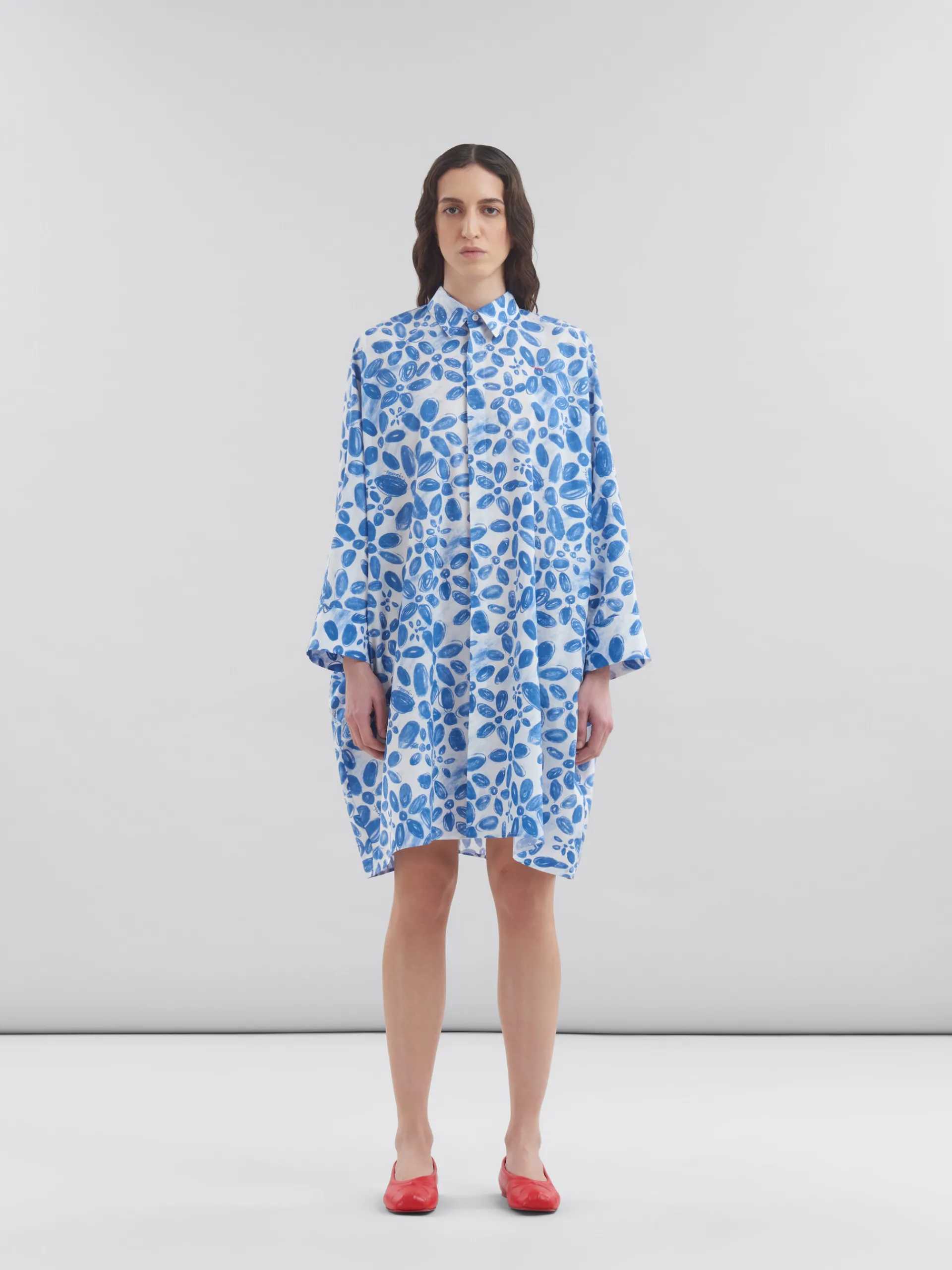 Dresses>Marni White Poplin Cocoon Dress With Blooming Print IRISBLUE