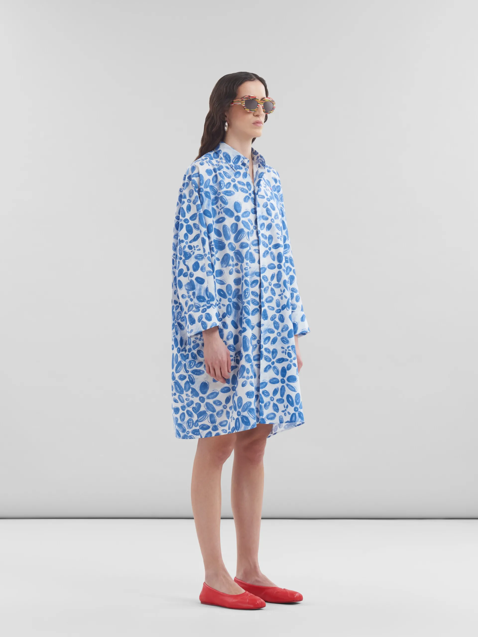 Dresses>Marni White Poplin Cocoon Dress With Blooming Print IRISBLUE