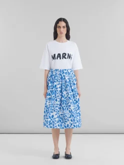 Matching Sets | Skirts>Marni White Poplin Elasticated Midi Skirt With Blooming Print IRISBLUE