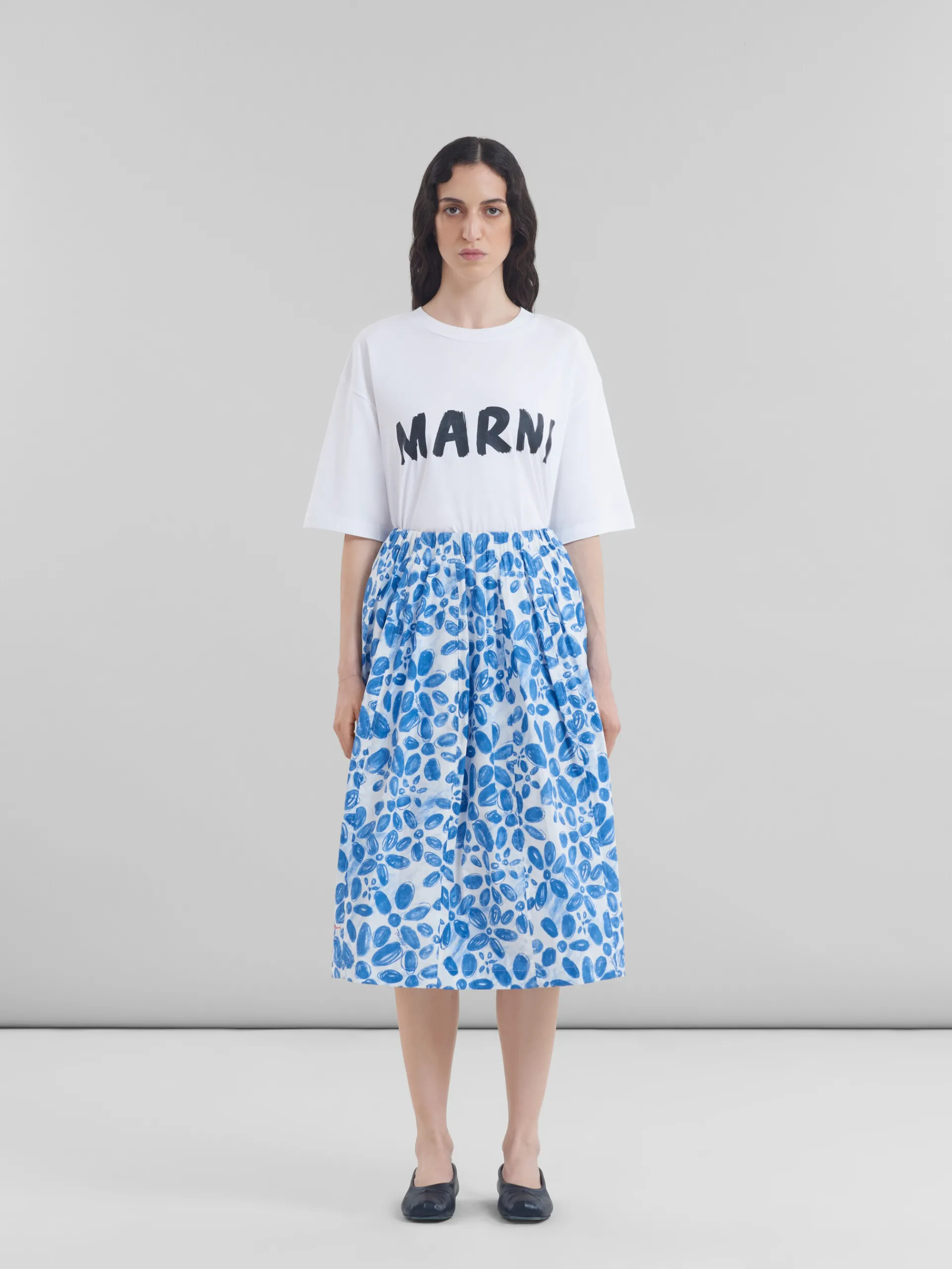 Matching Sets | Skirts>Marni White Poplin Elasticated Midi Skirt With Blooming Print IRISBLUE